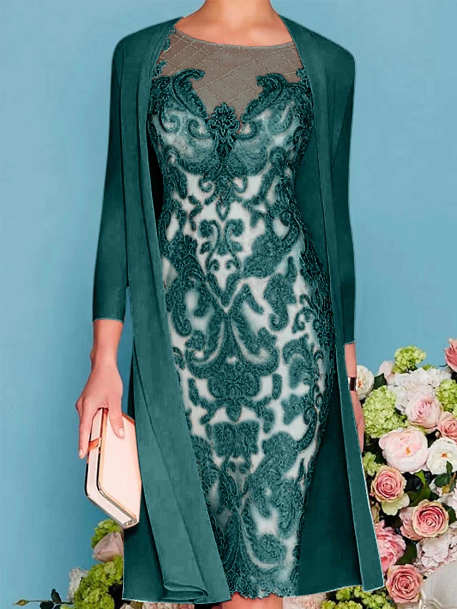 Long-Sleeve Knee-Length Sheath/Column Mother of the Bride Dress with Lace Beading Appliques-BMbridal