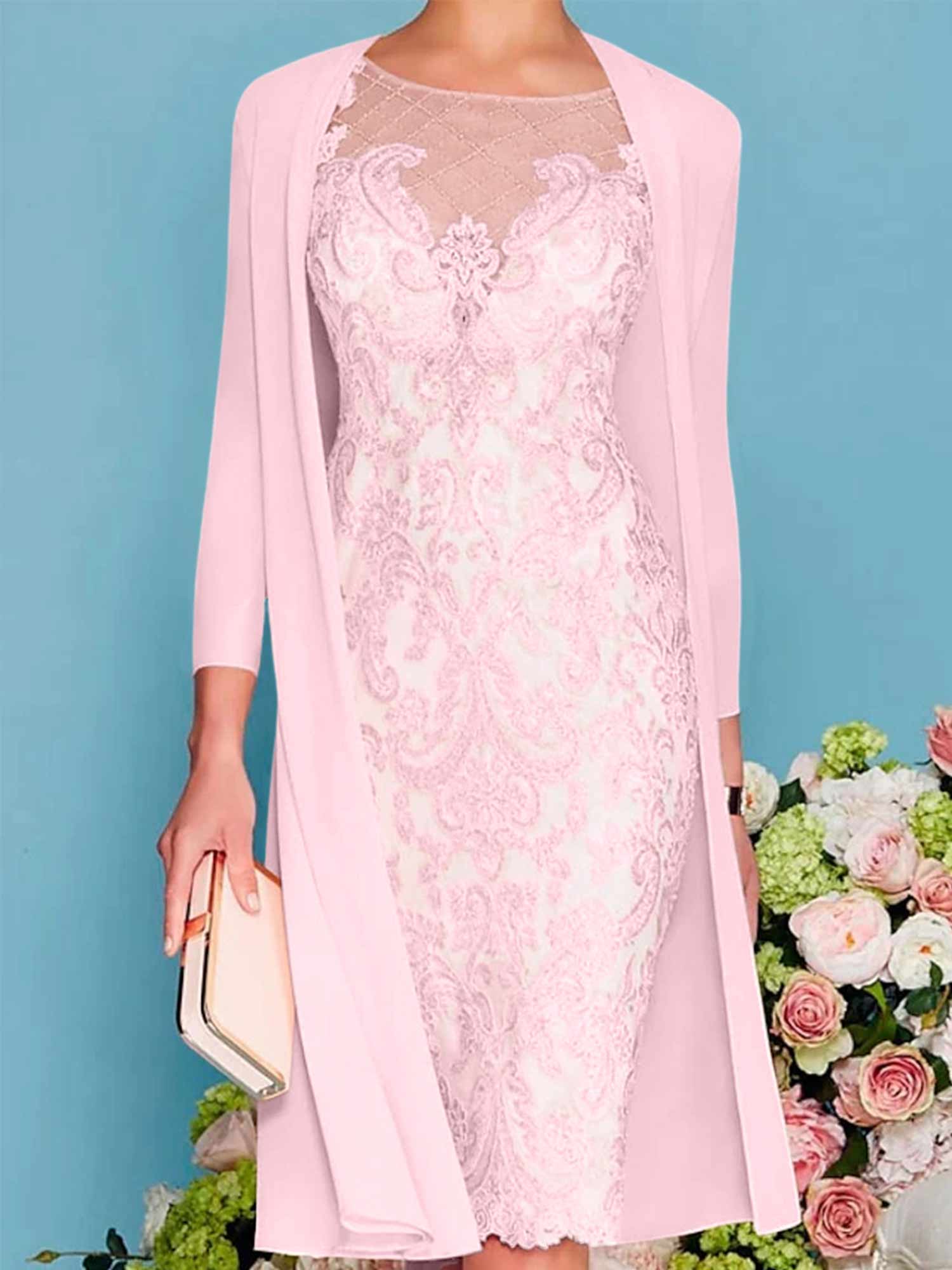 Long-Sleeve Knee-Length Sheath/Column Mother of the Bride Dress with Lace Beading Appliques-BMbridal