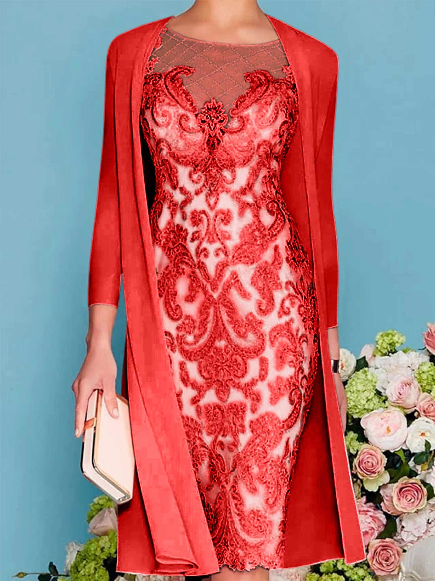 Long-Sleeve Knee-Length Sheath/Column Mother of the Bride Dress with Lace Beading Appliques-BMbridal