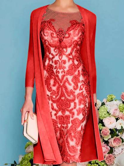 Long-Sleeve Knee-Length Sheath/Column Mother of the Bride Dress with Lace Beading Appliques-BMbridal