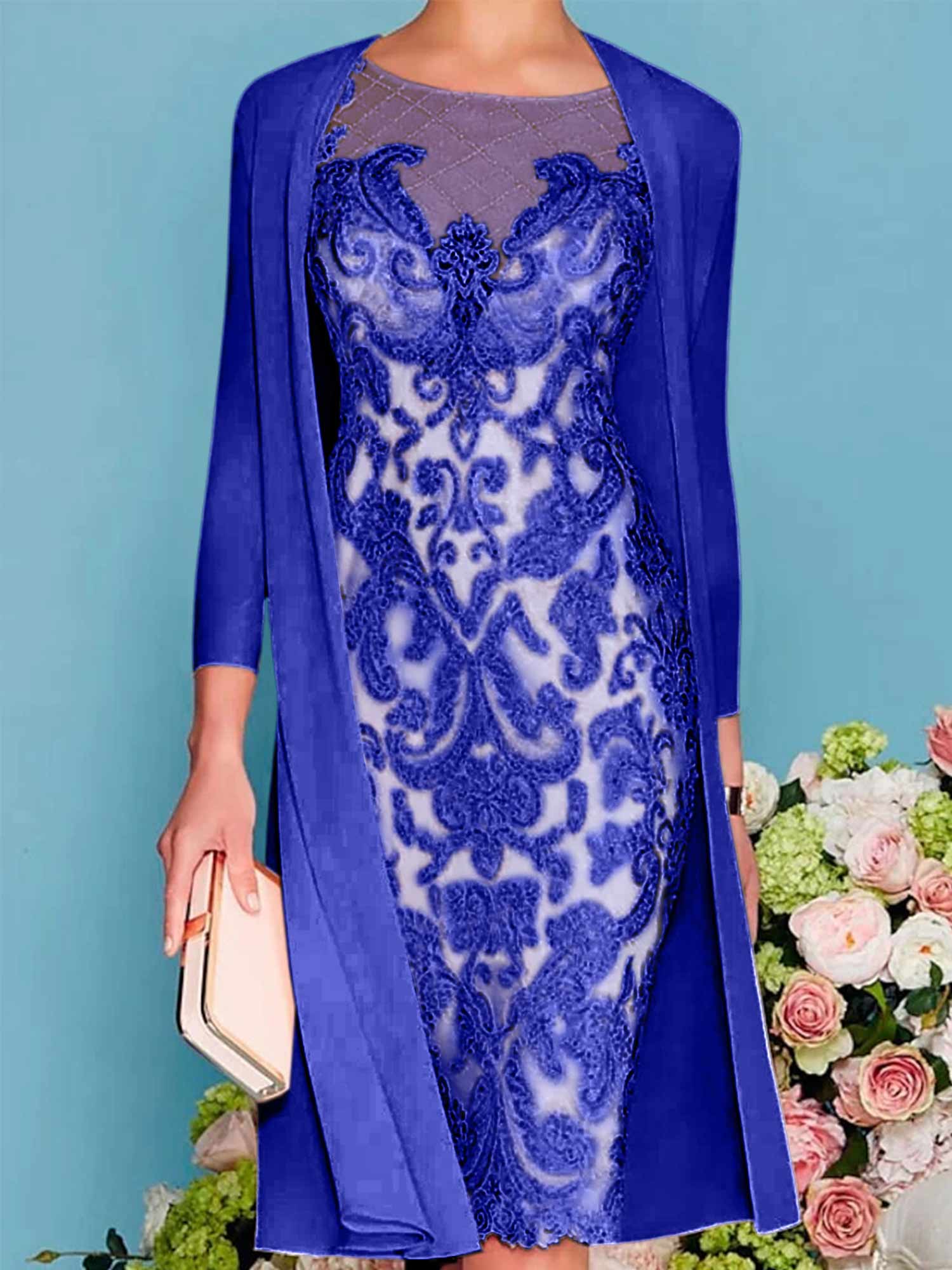 Long-Sleeve Knee-Length Sheath/Column Mother of the Bride Dress with Lace Beading Appliques-BMbridal