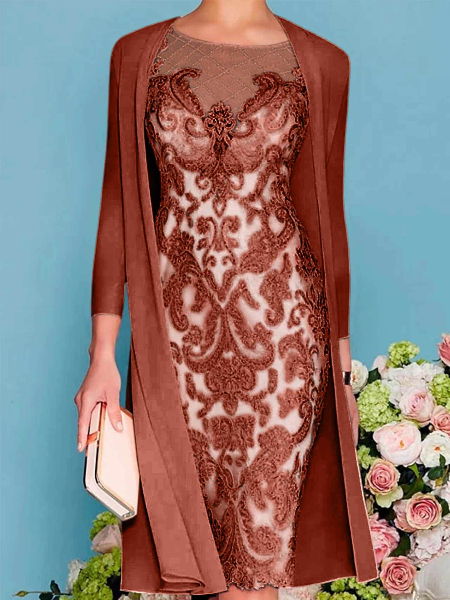 Long-Sleeve Knee-Length Sheath/Column Mother of the Bride Dress with Lace Beading Appliques-BMbridal