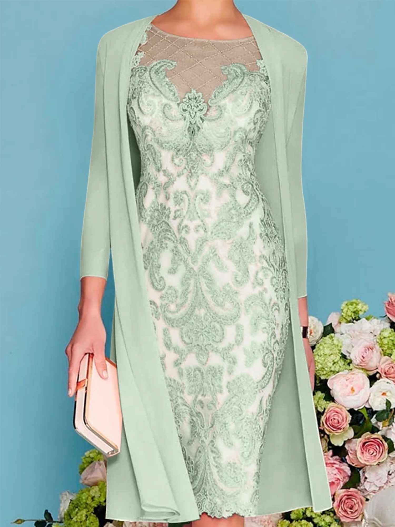 Long-Sleeve Knee-Length Sheath/Column Mother of the Bride Dress with Lace Beading Appliques-BMbridal