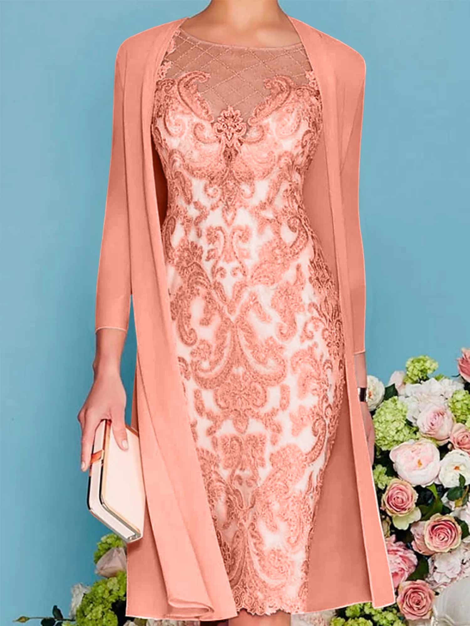 Long-Sleeve Knee-Length Sheath/Column Mother of the Bride Dress with Lace Beading Appliques-BMbridal