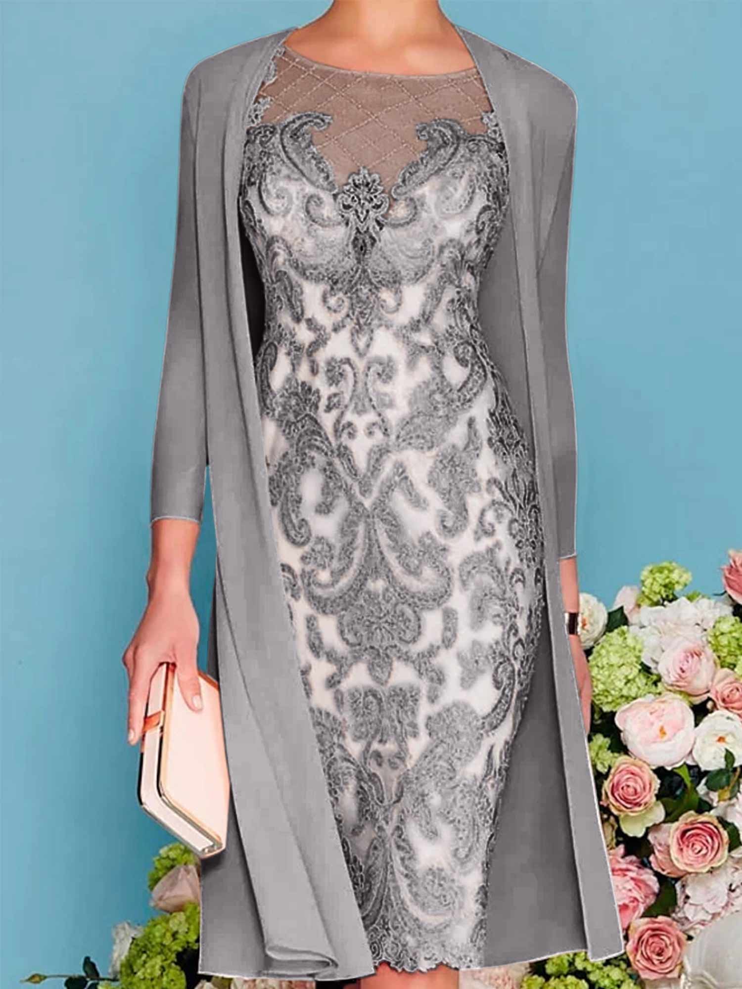 Long-Sleeve Knee-Length Sheath/Column Mother of the Bride Dress with Lace Beading Appliques-BMbridal