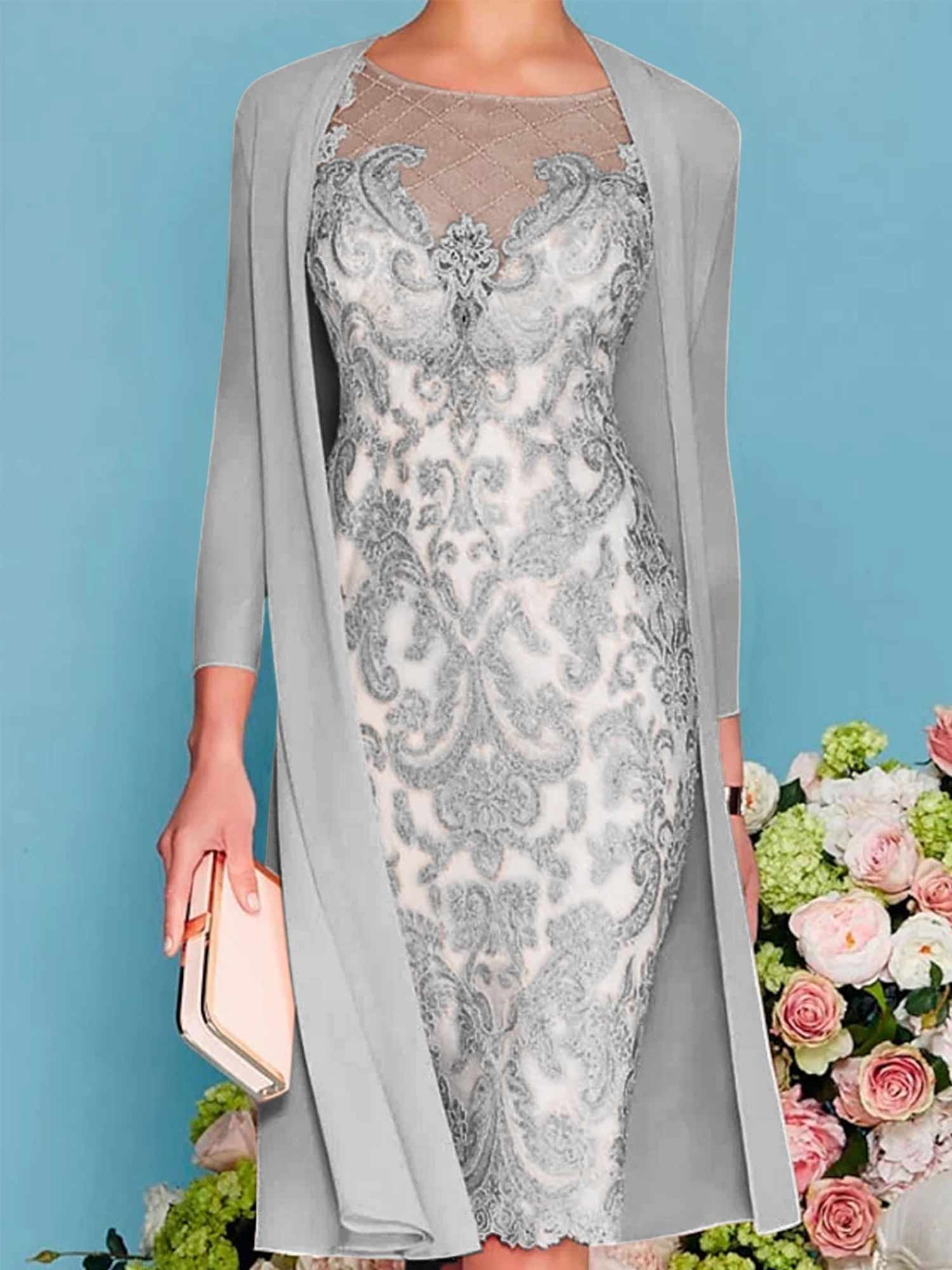 Long-Sleeve Knee-Length Sheath/Column Mother of the Bride Dress with Lace Beading Appliques-BMbridal