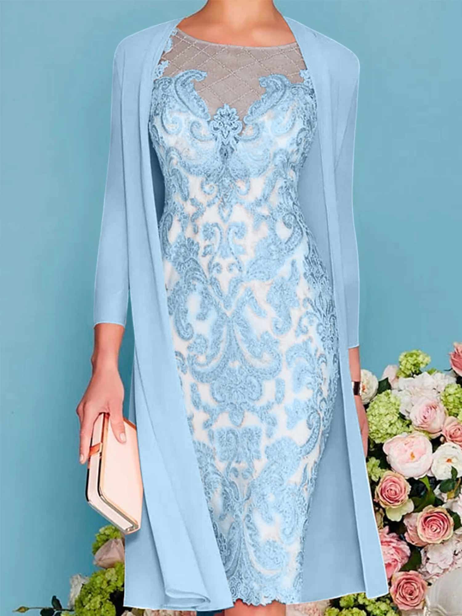 Long-Sleeve Knee-Length Sheath/Column Mother of the Bride Dress with Lace Beading Appliques-BMbridal