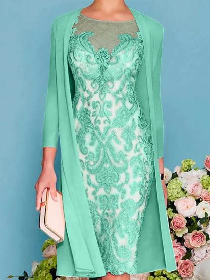 Long-Sleeve Knee-Length Sheath/Column Mother of the Bride Dress with Lace Beading Appliques-BMbridal