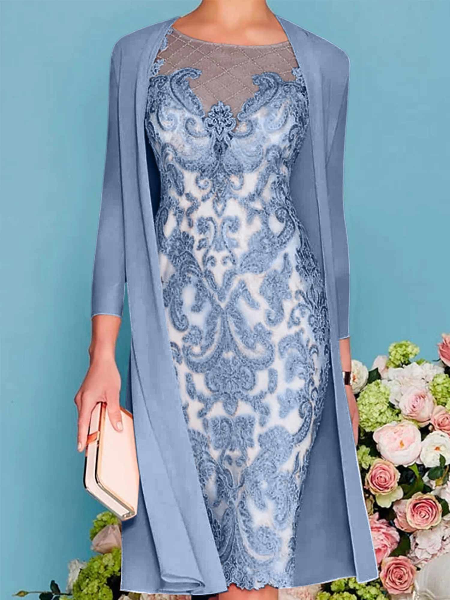 Long-Sleeve Knee-Length Sheath/Column Mother of the Bride Dress with Lace Beading Appliques-BMbridal