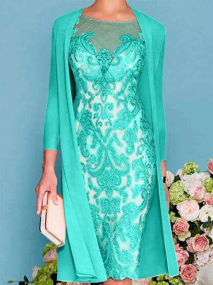 Long-Sleeve Knee-Length Sheath/Column Mother of the Bride Dress with Lace Beading Appliques-BMbridal