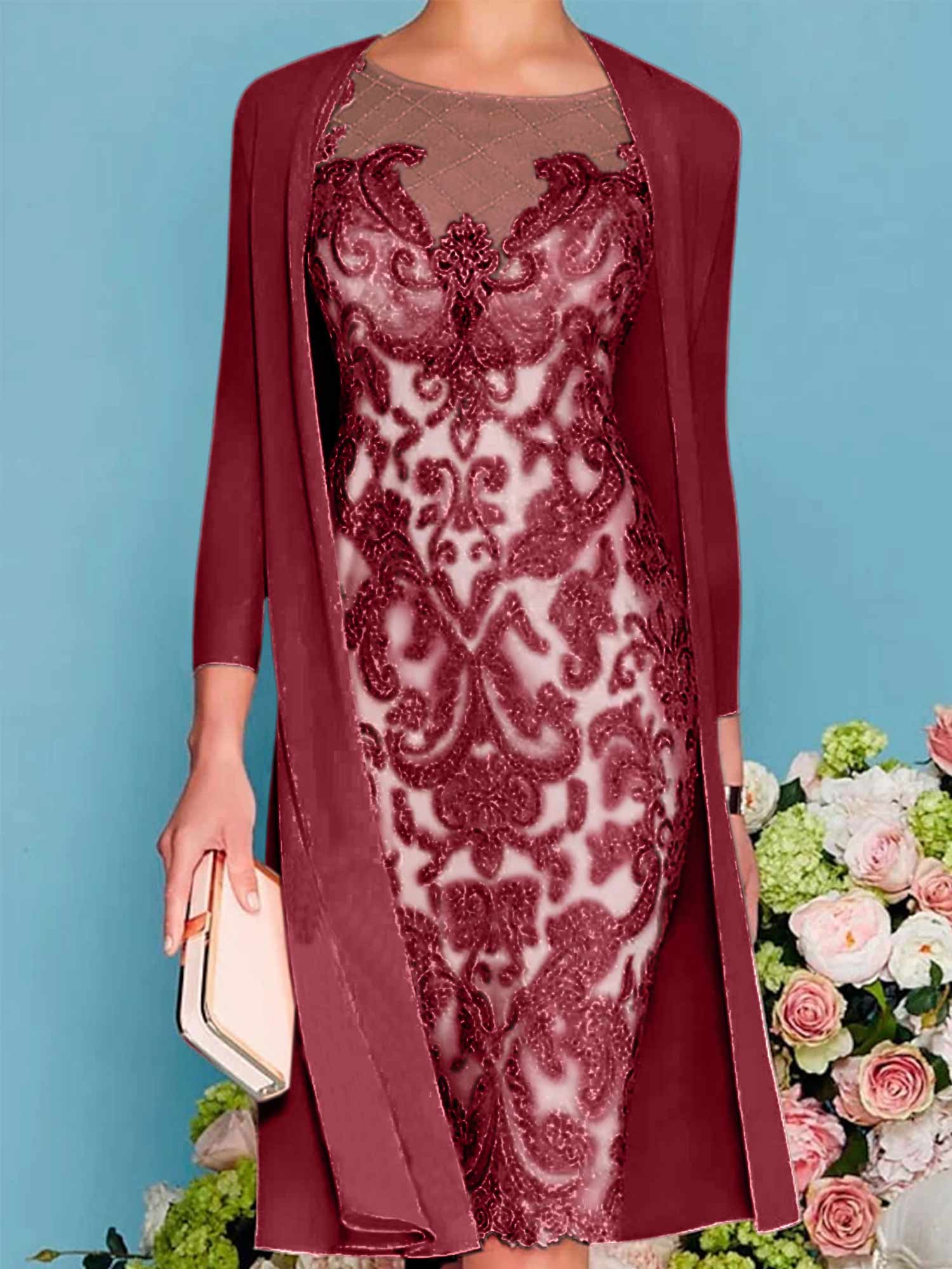 Long-Sleeve Knee-Length Sheath/Column Mother of the Bride Dress with Lace Beading Appliques-BMbridal