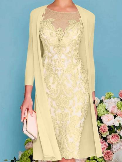 Long-Sleeve Knee-Length Sheath/Column Mother of the Bride Dress with Lace Beading Appliques-BMbridal