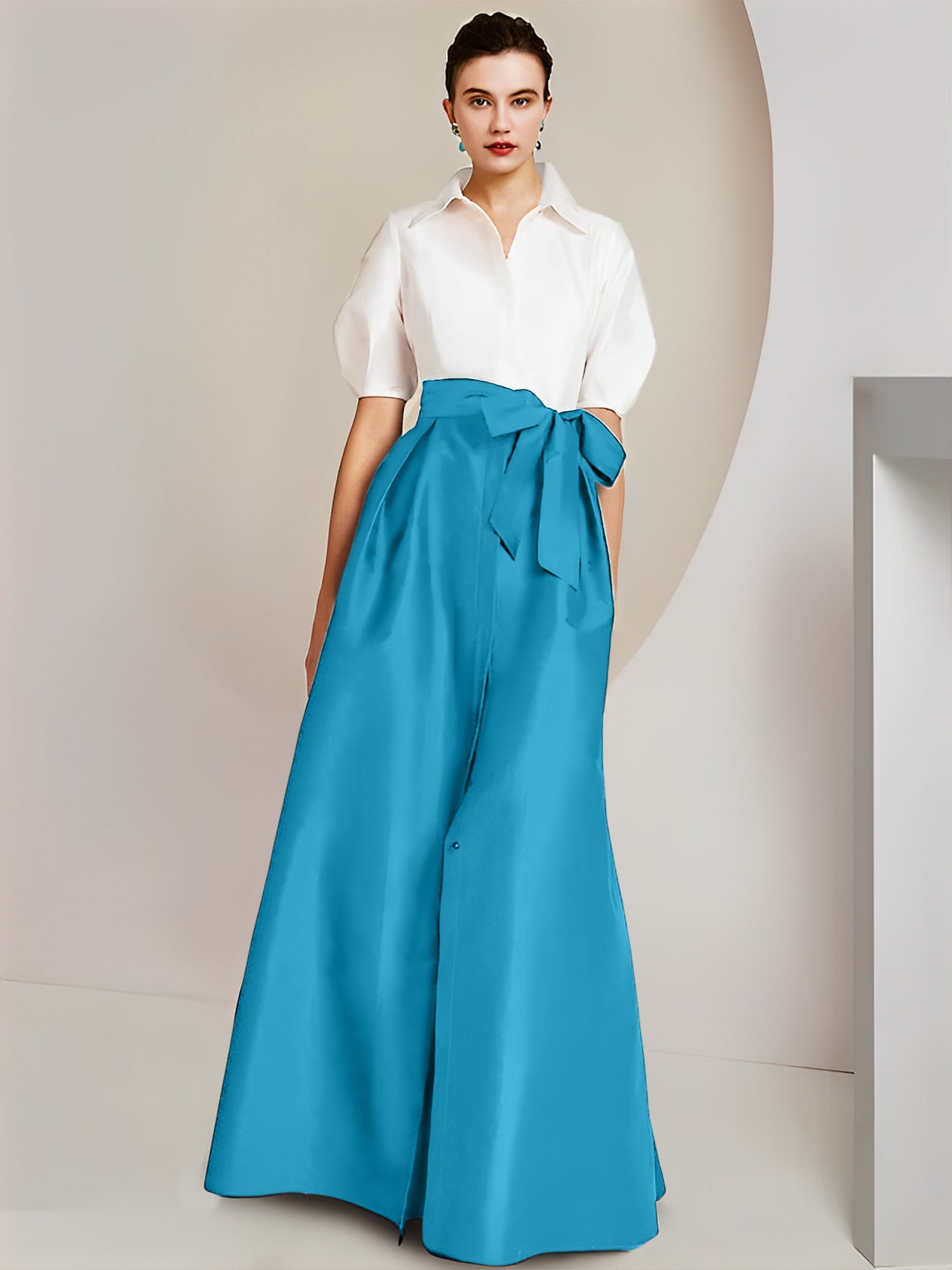 Princess/A-Line Floor-Length 2-Piece Mother of the Bride Dresses with Bowknot and Shirt Collar Short Sleeves-BMbridal