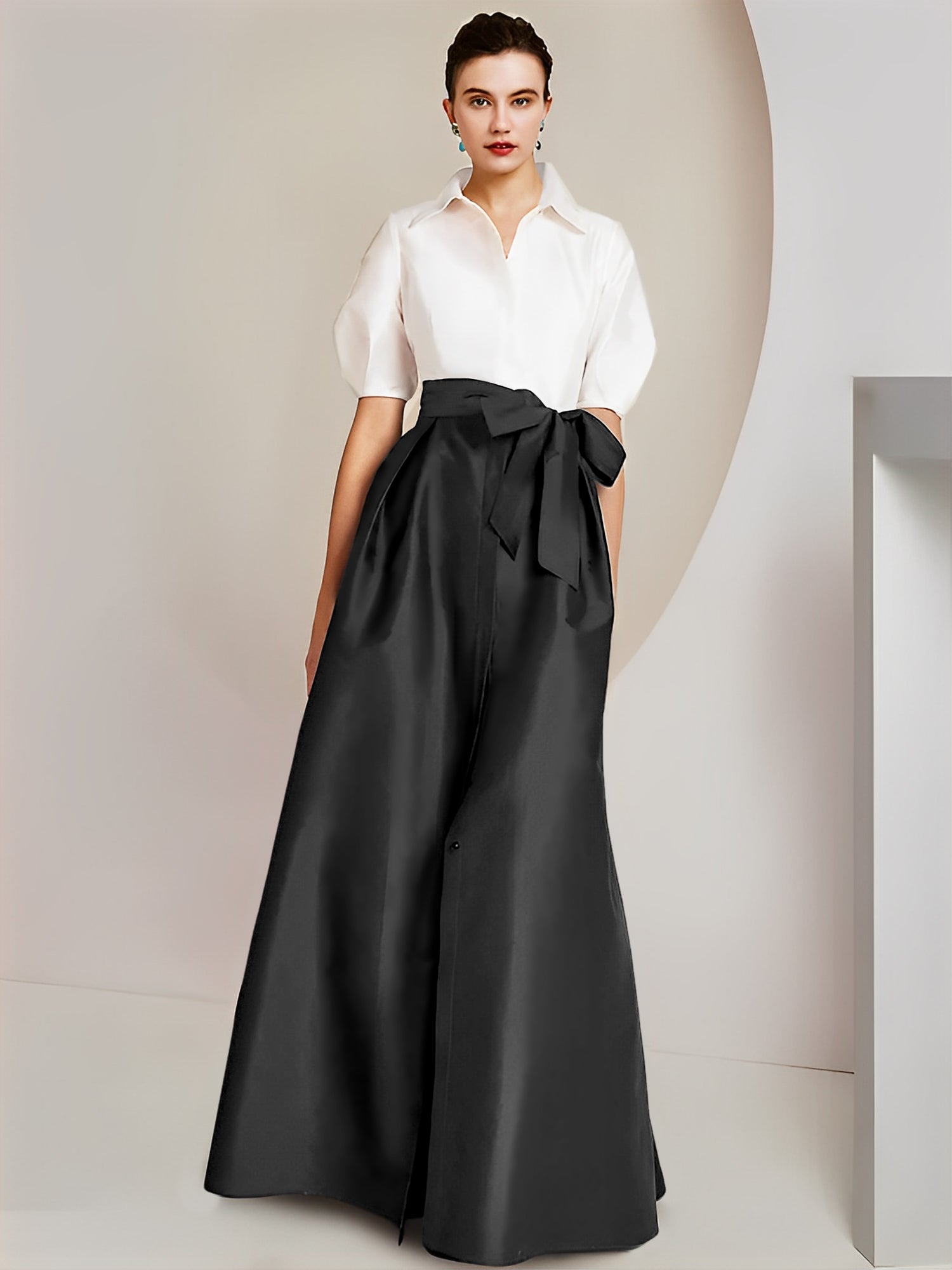 Princess/A-Line Floor-Length 2-Piece Mother of the Bride Dresses with Bowknot and Shirt Collar Short Sleeves-BMbridal