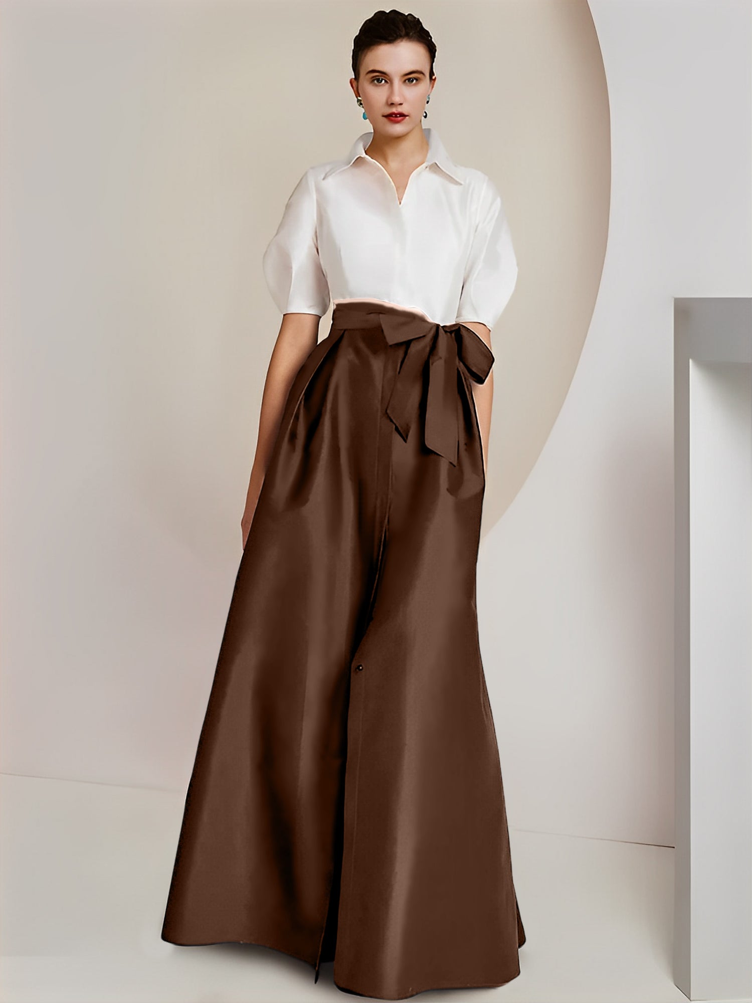 Princess/A-Line Floor-Length 2-Piece Mother of the Bride Dresses with Bowknot and Shirt Collar Short Sleeves-BMbridal