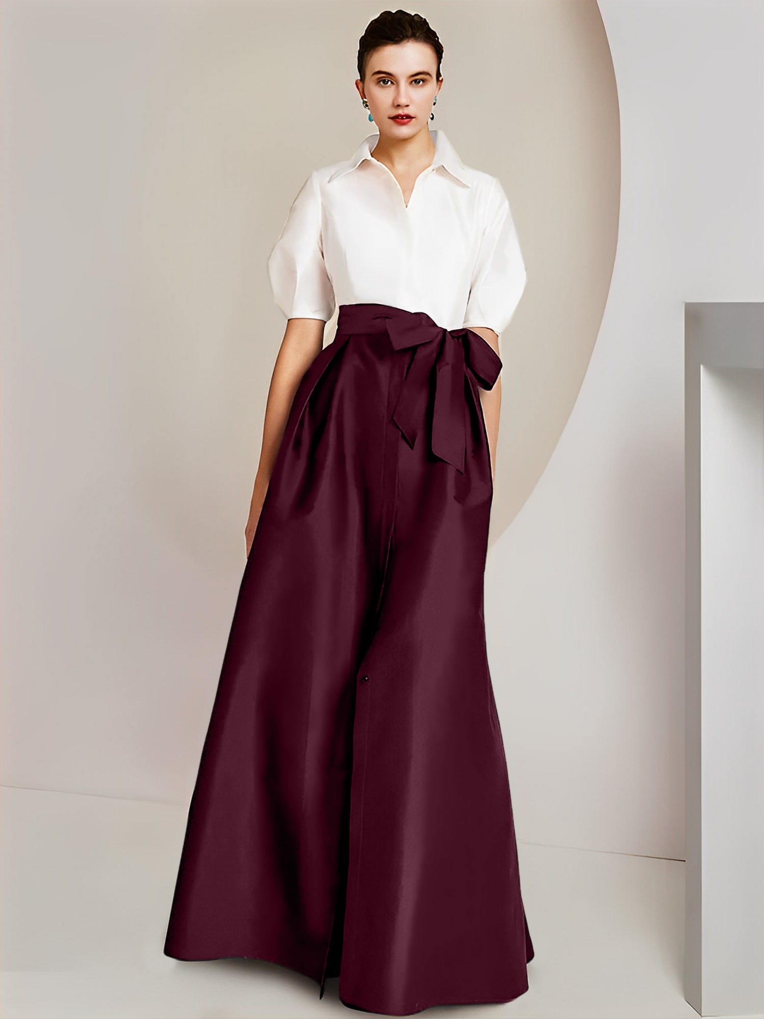 Princess/A-Line Floor-Length 2-Piece Mother of the Bride Dresses with Bowknot and Shirt Collar Short Sleeves-BMbridal