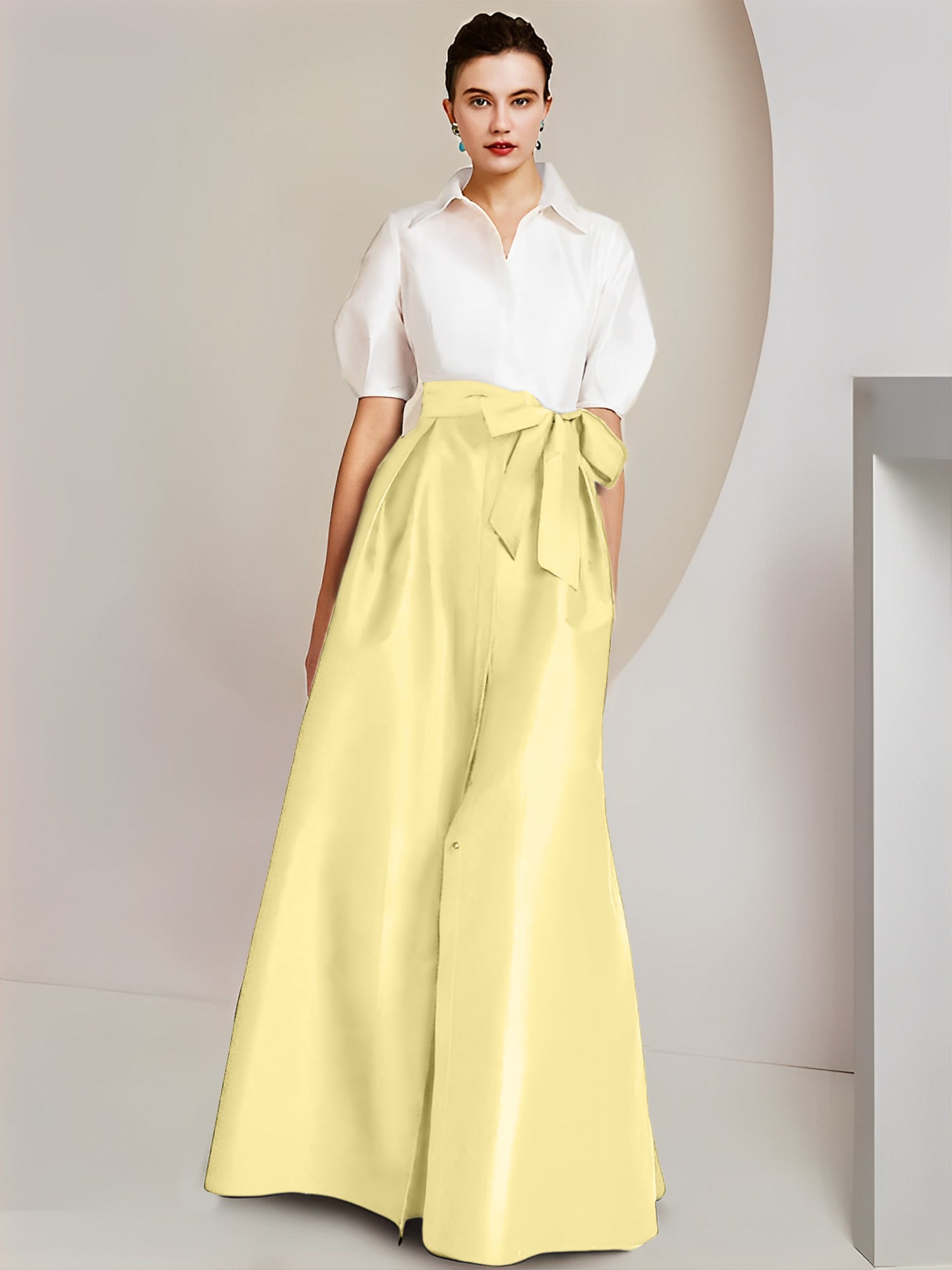 Princess/A-Line Floor-Length 2-Piece Mother of the Bride Dresses with Bowknot and Shirt Collar Short Sleeves-BMbridal