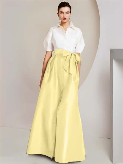 Princess/A-Line Floor-Length 2-Piece Mother of the Bride Dresses with Bowknot and Shirt Collar Short Sleeves-BMbridal