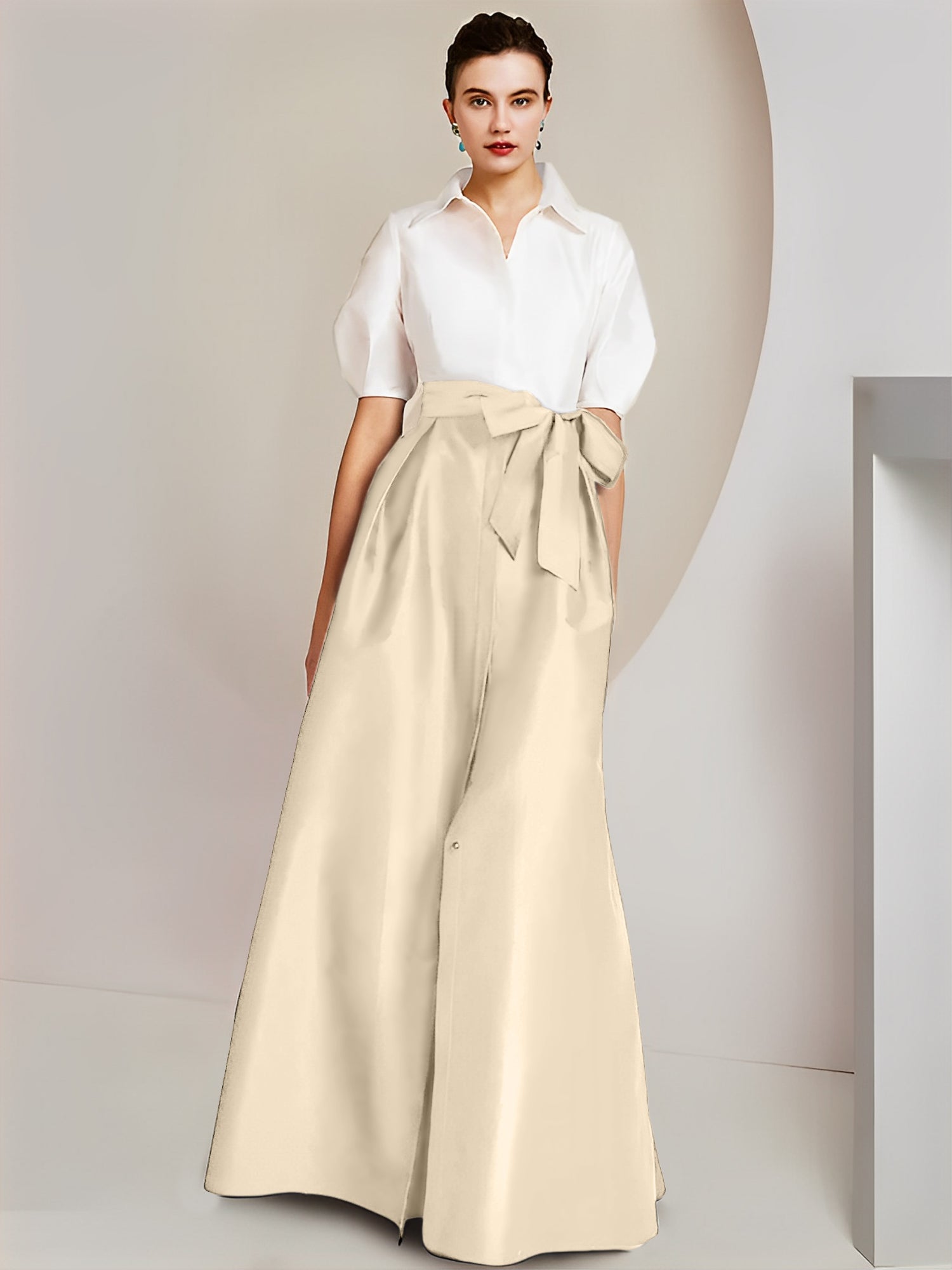 Princess/A-Line Floor-Length 2-Piece Mother of the Bride Dresses with Bowknot and Shirt Collar Short Sleeves-BMbridal
