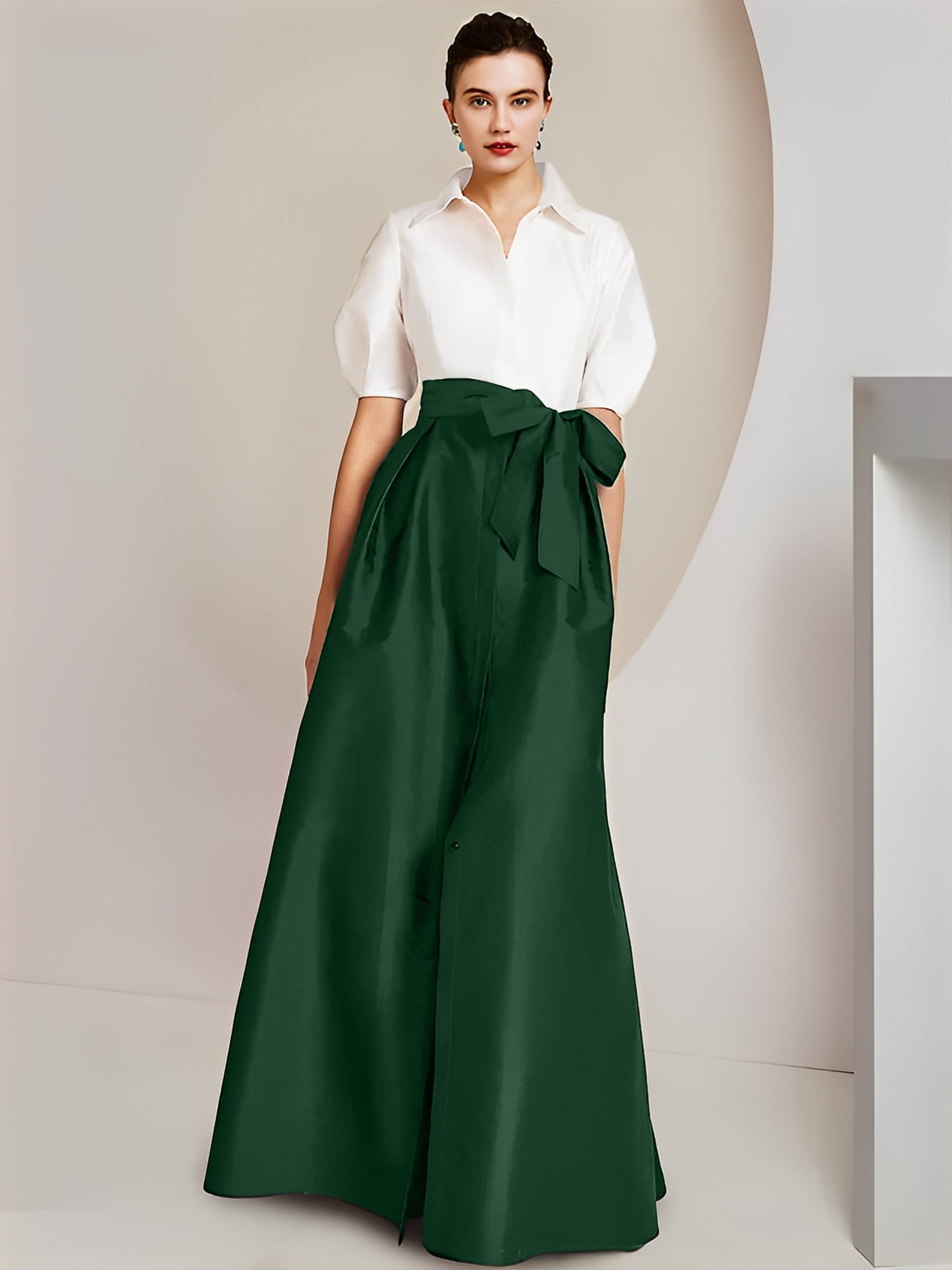 Princess/A-Line Floor-Length 2-Piece Mother of the Bride Dresses with Bowknot and Shirt Collar Short Sleeves-BMbridal