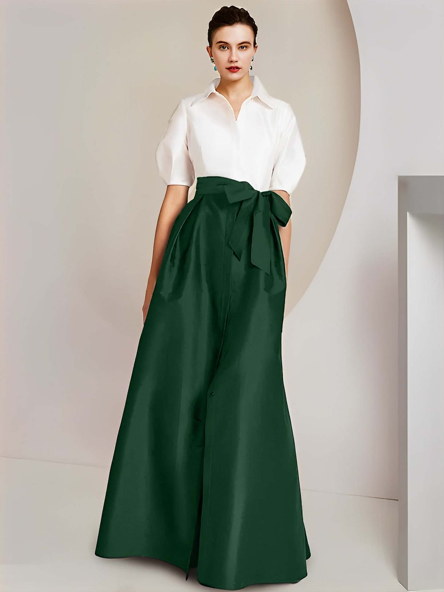 Princess/A-Line Floor-Length 2-Piece Mother of the Bride Dresses with Bowknot and Shirt Collar Short Sleeves-BMbridal
