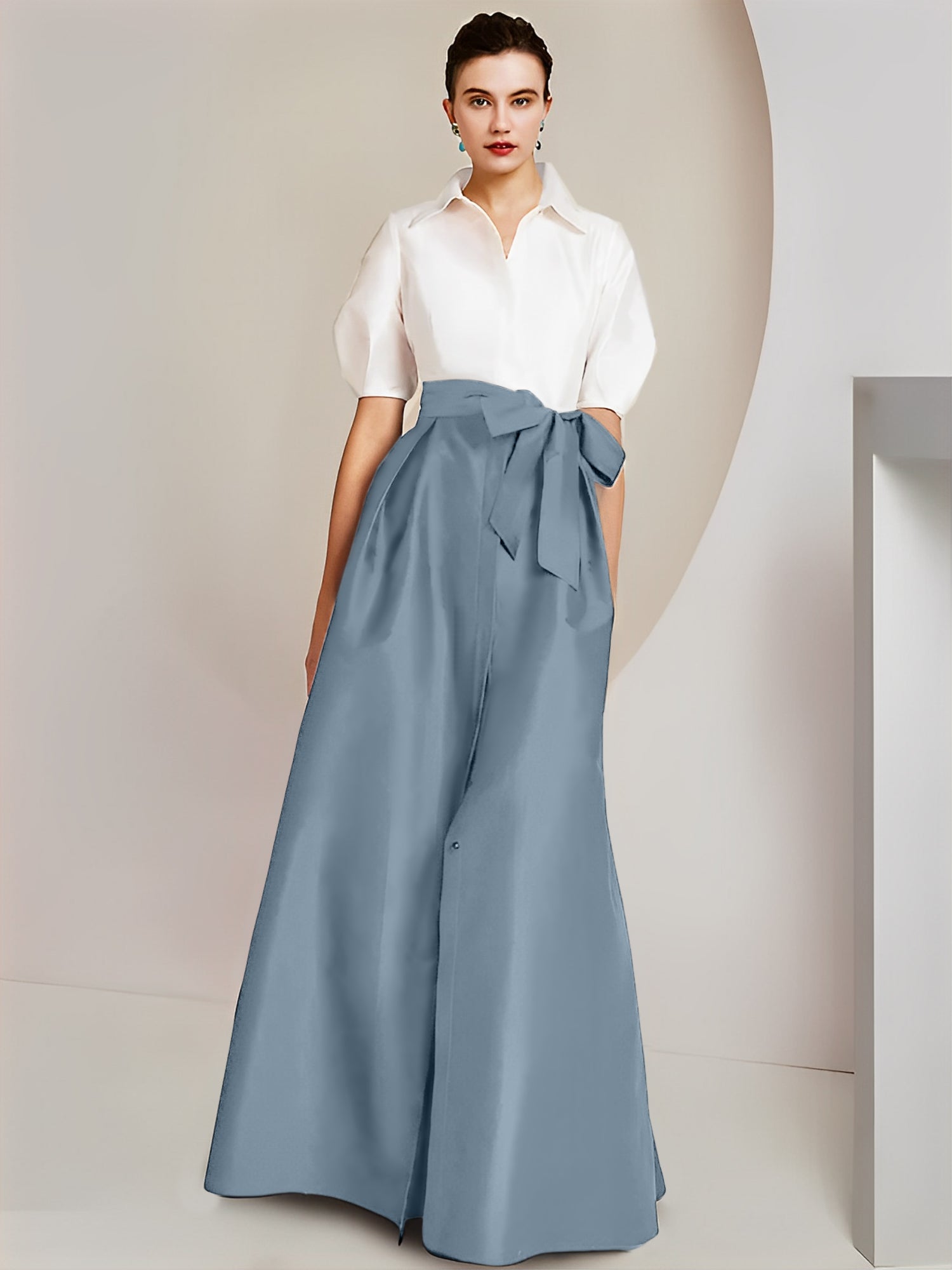 Princess/A-Line Floor-Length 2-Piece Mother of the Bride Dresses with Bowknot and Shirt Collar Short Sleeves-BMbridal