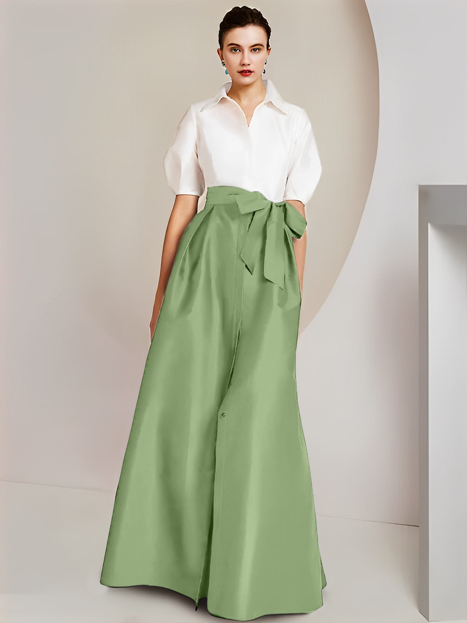 Princess/A-Line Floor-Length 2-Piece Mother of the Bride Dresses with Bowknot and Shirt Collar Short Sleeves-BMbridal