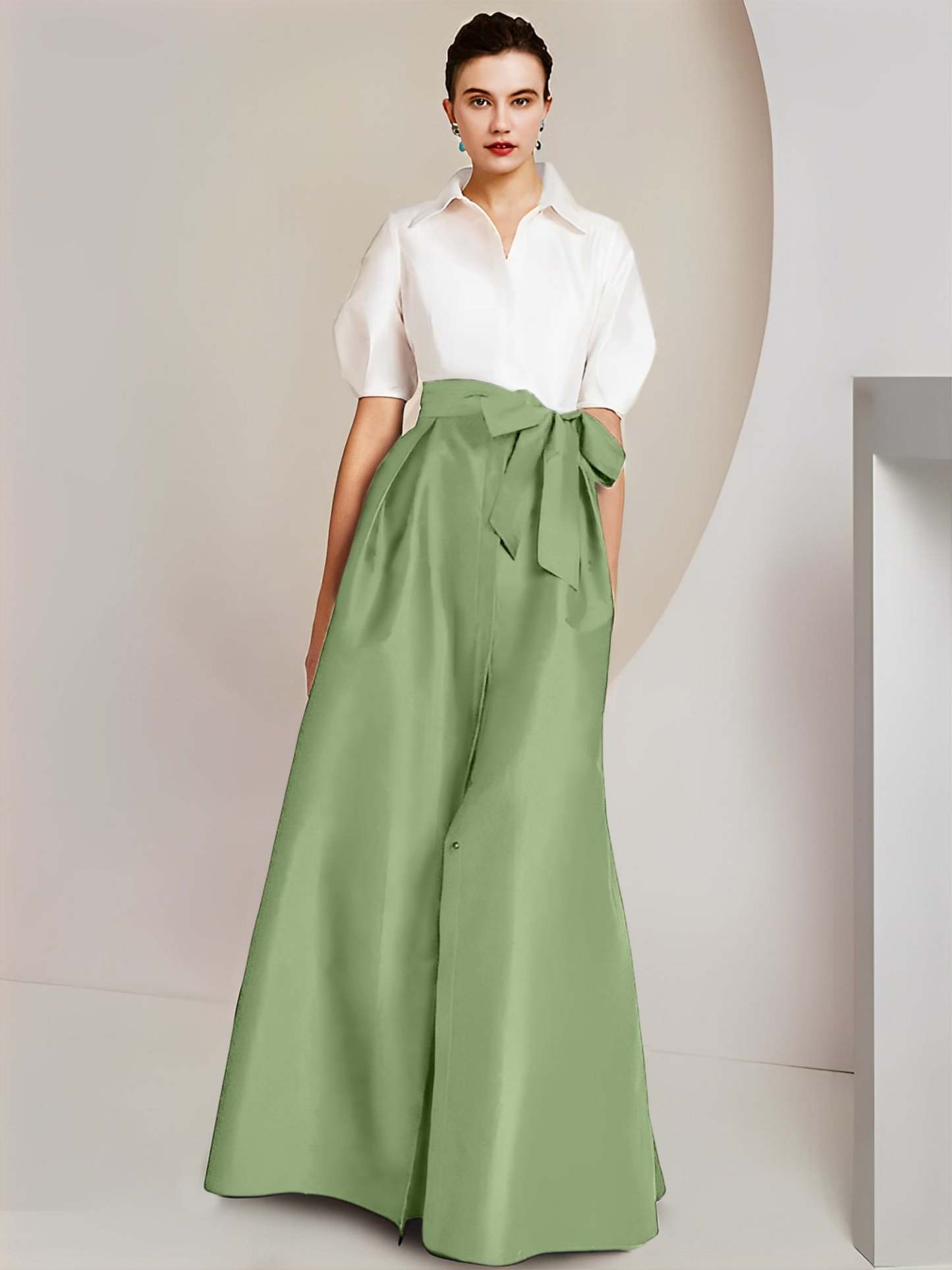 Princess/A-Line Floor-Length 2-Piece Mother of the Bride Dresses with Bowknot and Shirt Collar Short Sleeves-BMbridal