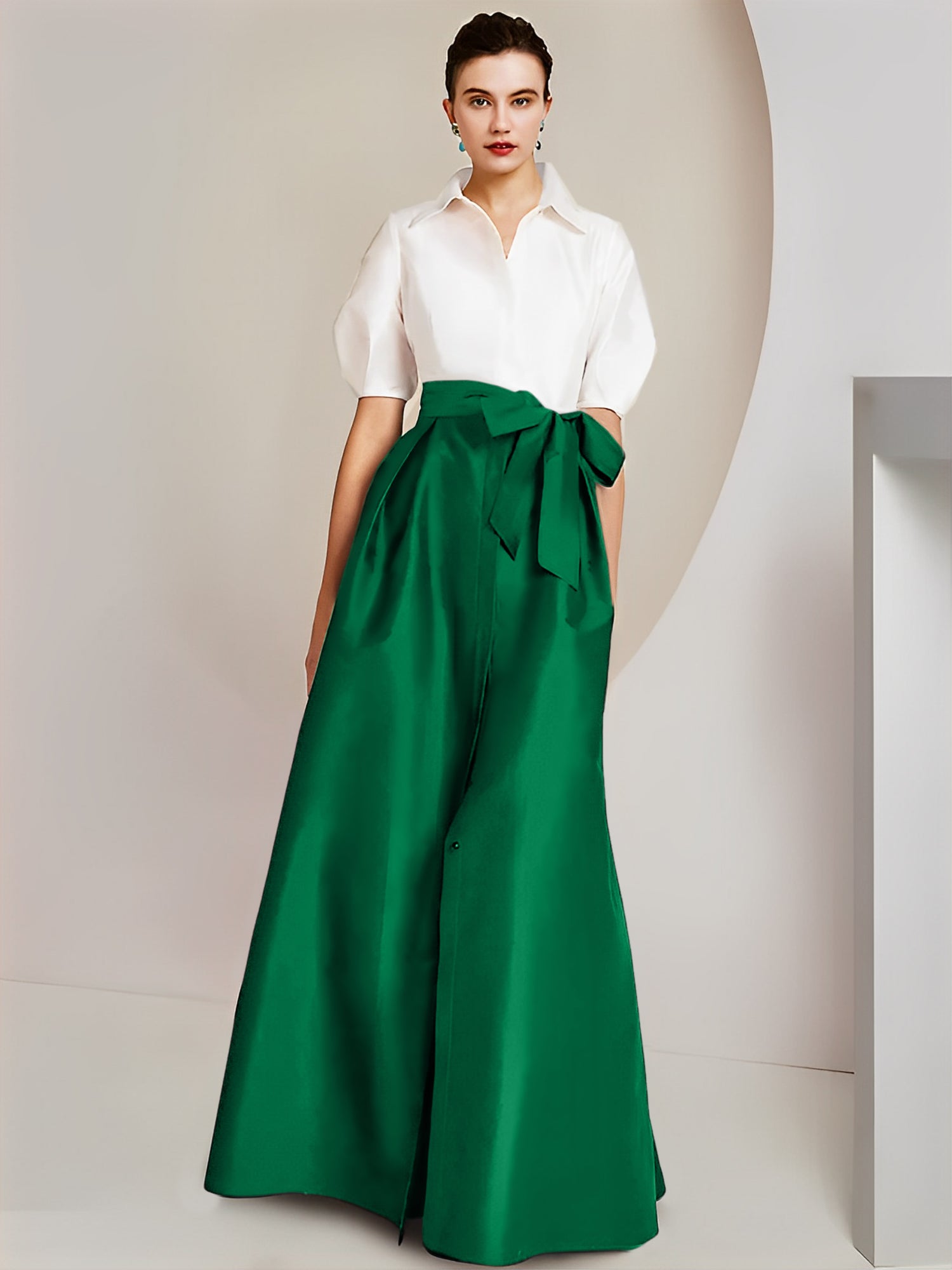 Princess/A-Line Floor-Length 2-Piece Mother of the Bride Dresses with Bowknot and Shirt Collar Short Sleeves-BMbridal