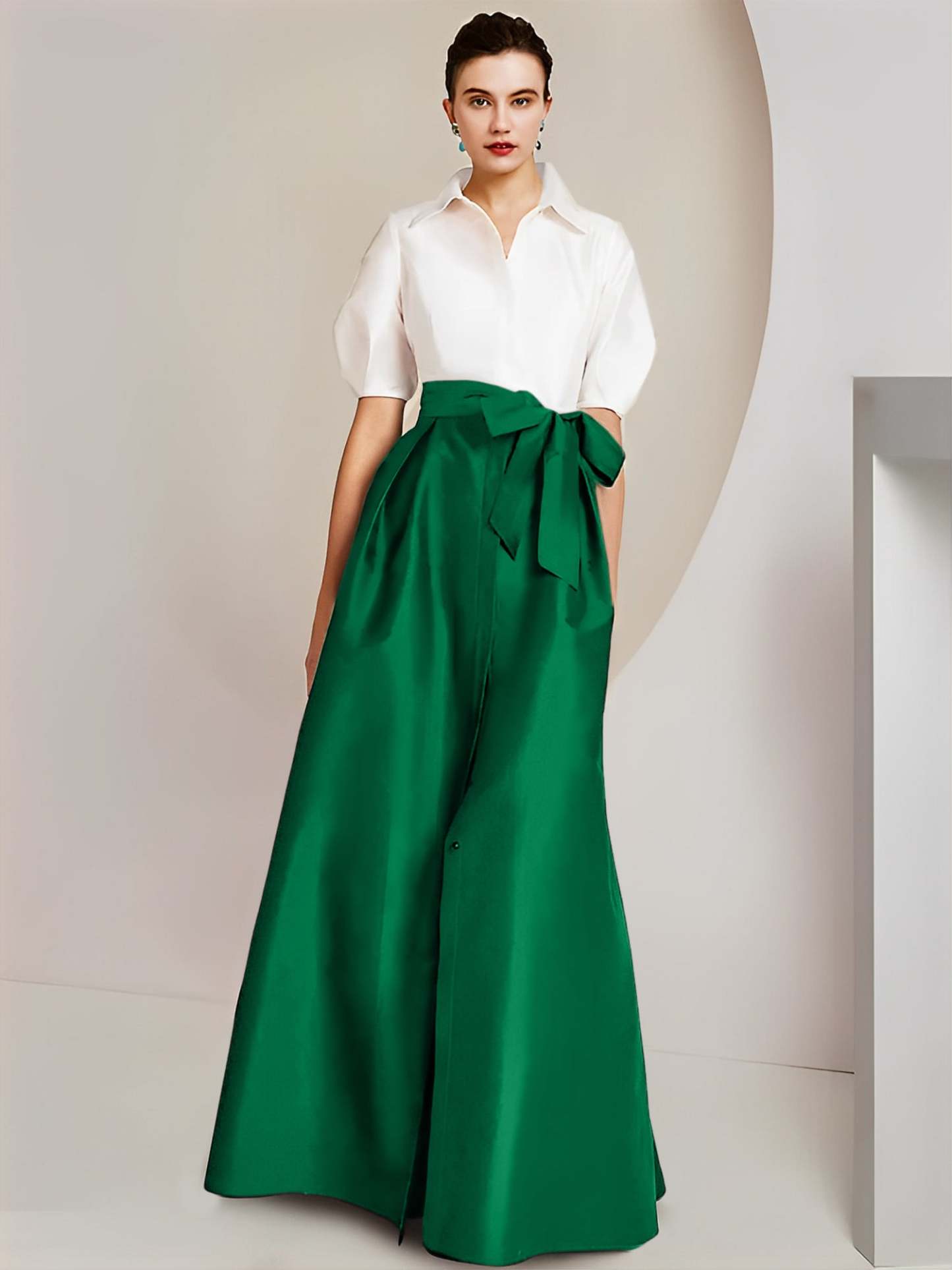 Princess/A-Line Floor-Length 2-Piece Mother of the Bride Dresses with Bowknot and Shirt Collar Short Sleeves-BMbridal