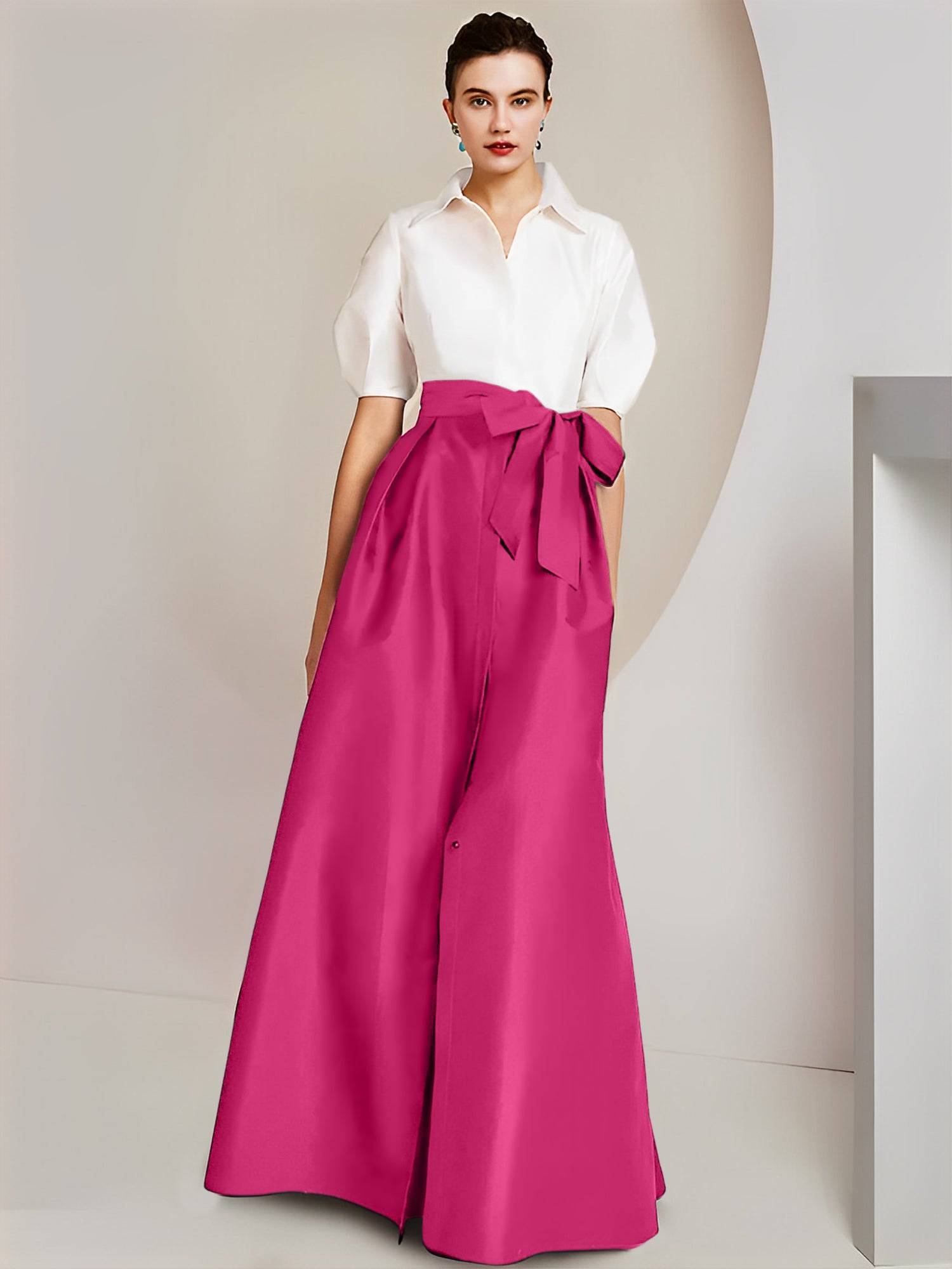 Princess/A-Line Floor-Length 2-Piece Mother of the Bride Dresses with Bowknot and Shirt Collar Short Sleeves-BMbridal