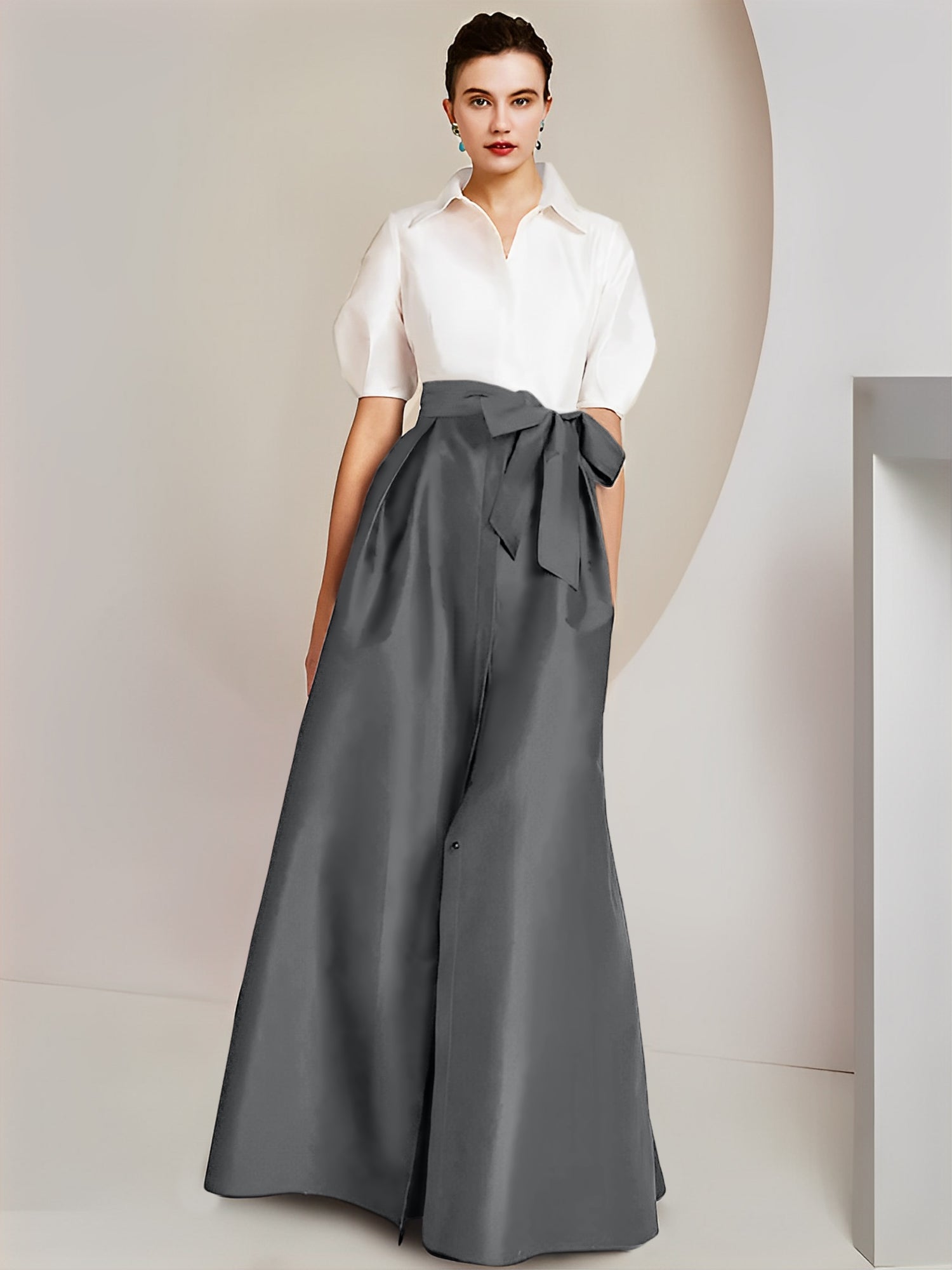 Princess/A-Line Floor-Length 2-Piece Mother of the Bride Dresses with Bowknot and Shirt Collar Short Sleeves-BMbridal