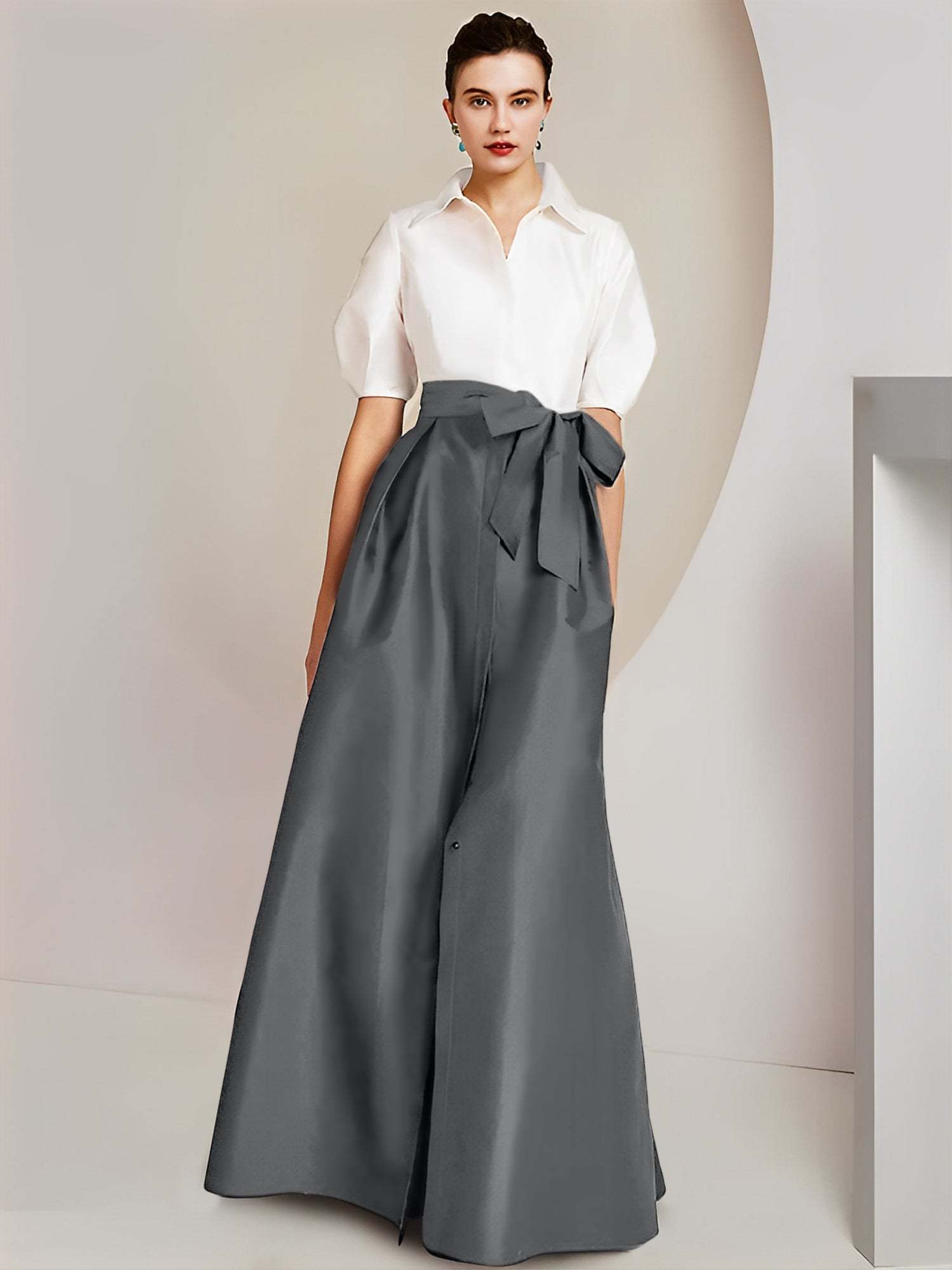 Princess/A-Line Floor-Length 2-Piece Mother of the Bride Dresses with Bowknot and Shirt Collar Short Sleeves-BMbridal