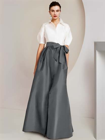Princess/A-Line Floor-Length 2-Piece Mother of the Bride Dresses with Bowknot and Shirt Collar Short Sleeves-BMbridal