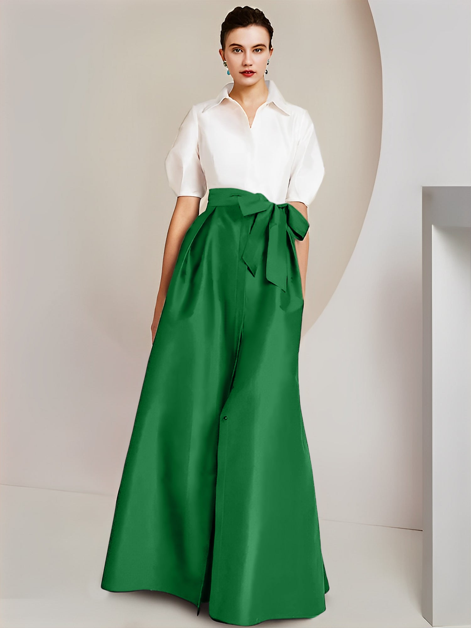 Princess/A-Line Floor-Length 2-Piece Mother of the Bride Dresses with Bowknot and Shirt Collar Short Sleeves-BMbridal