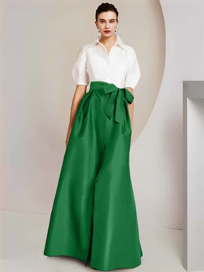 Princess/A-Line Floor-Length 2-Piece Mother of the Bride Dresses with Bowknot and Shirt Collar Short Sleeves-BMbridal
