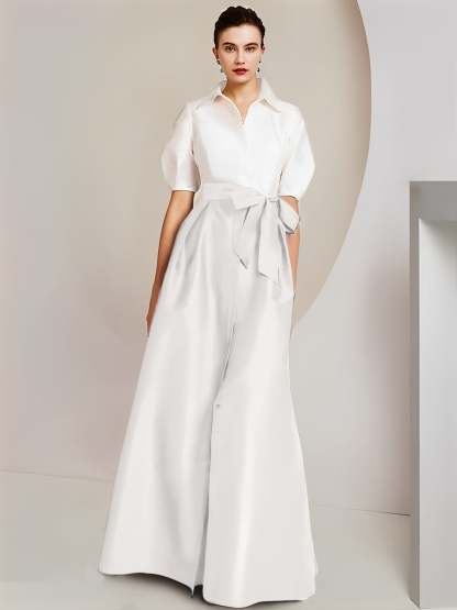 Princess/A-Line Floor-Length 2-Piece Mother of the Bride Dresses with Bowknot and Shirt Collar Short Sleeves-BMbridal