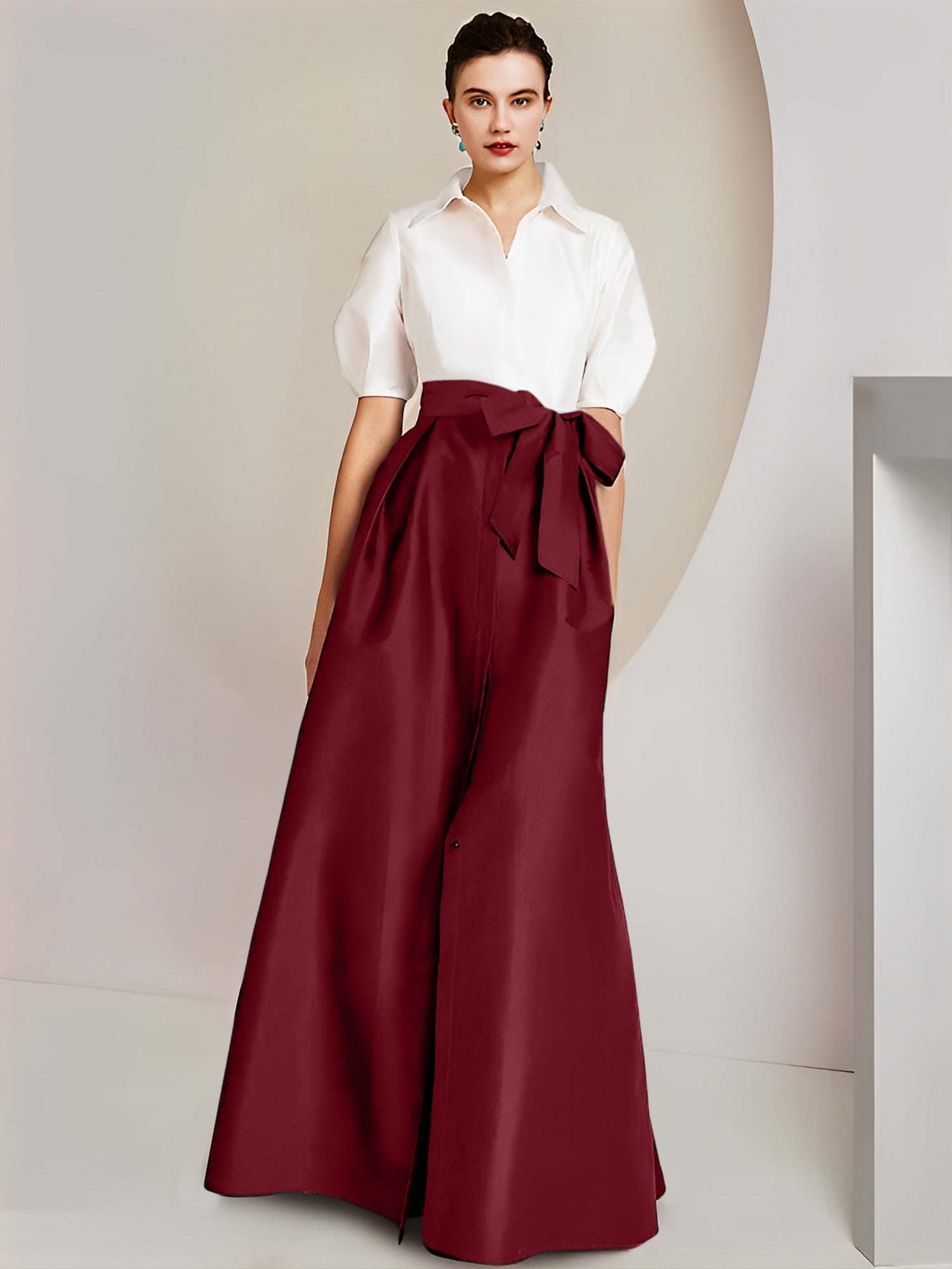 Princess/A-Line Floor-Length 2-Piece Mother of the Bride Dresses with Bowknot and Shirt Collar Short Sleeves-BMbridal
