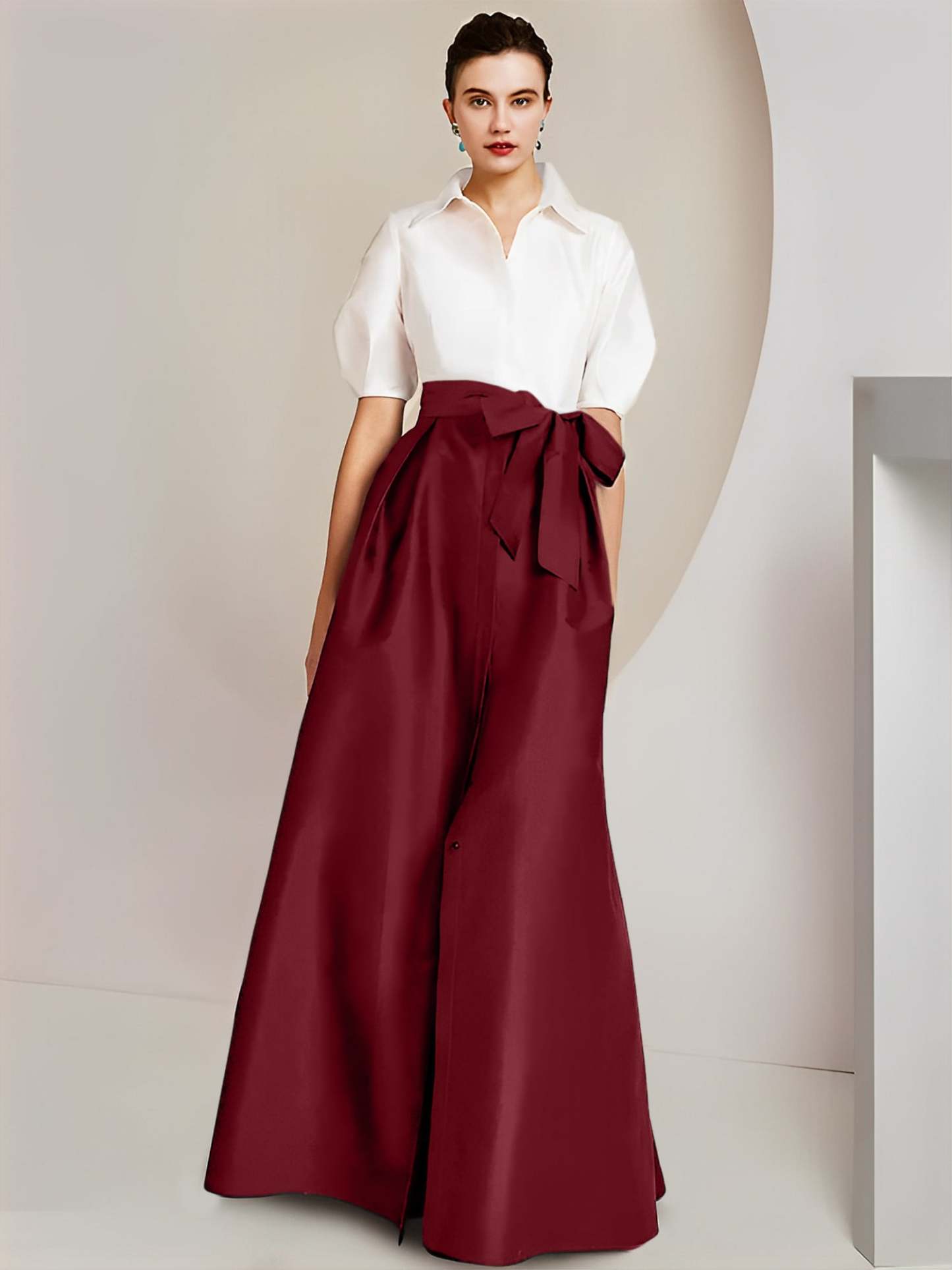 Princess/A-Line Floor-Length 2-Piece Mother of the Bride Dresses with Bowknot and Shirt Collar Short Sleeves-BMbridal