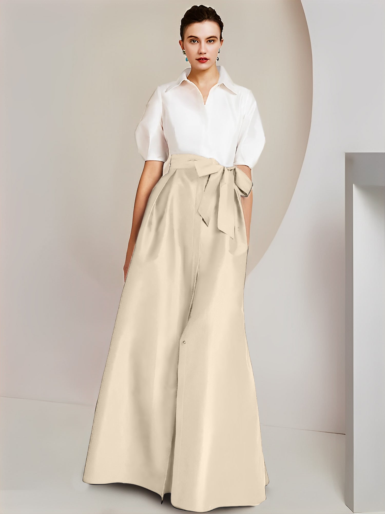 Princess/A-Line Floor-Length 2-Piece Mother of the Bride Dresses with Bowknot and Shirt Collar Short Sleeves-BMbridal