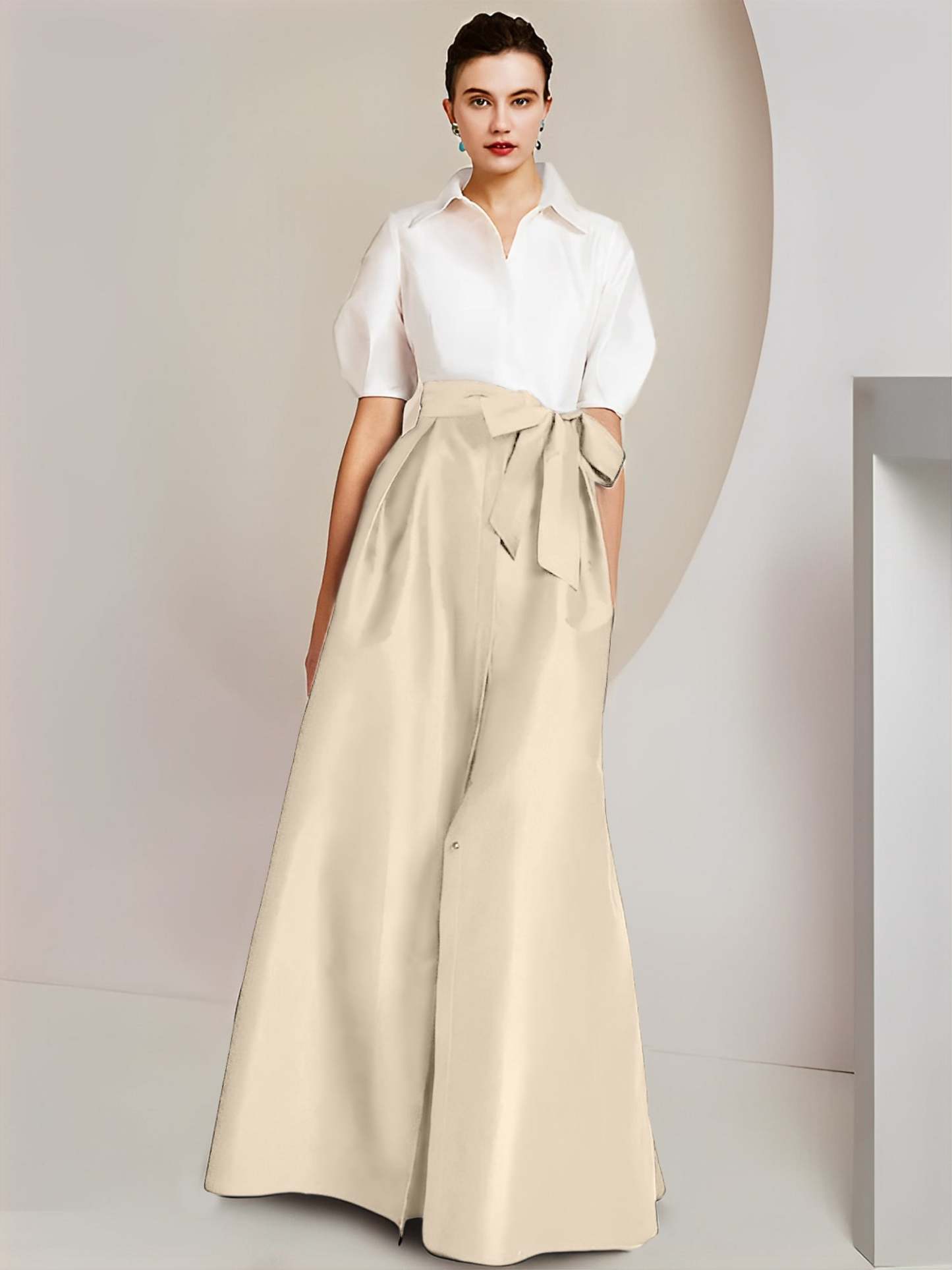 Princess/A-Line Floor-Length 2-Piece Mother of the Bride Dresses with Bowknot and Shirt Collar Short Sleeves-BMbridal