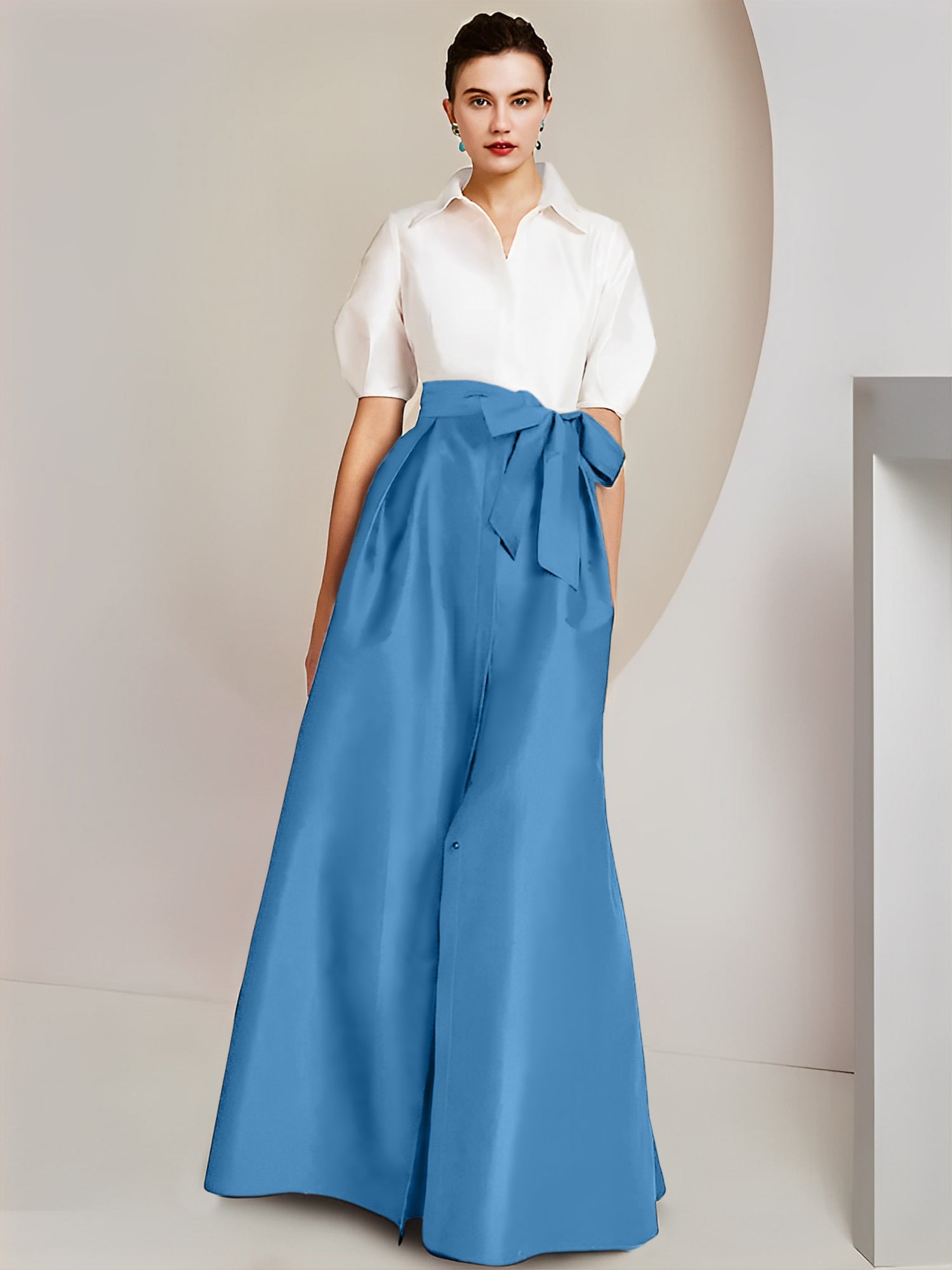 Princess/A-Line Floor-Length 2-Piece Mother of the Bride Dresses with Bowknot and Shirt Collar Short Sleeves-BMbridal
