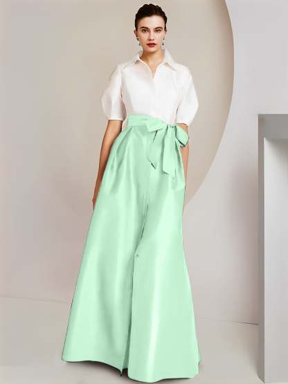 Princess/A-Line Floor-Length 2-Piece Mother of the Bride Dresses with Bowknot and Shirt Collar Short Sleeves-BMbridal