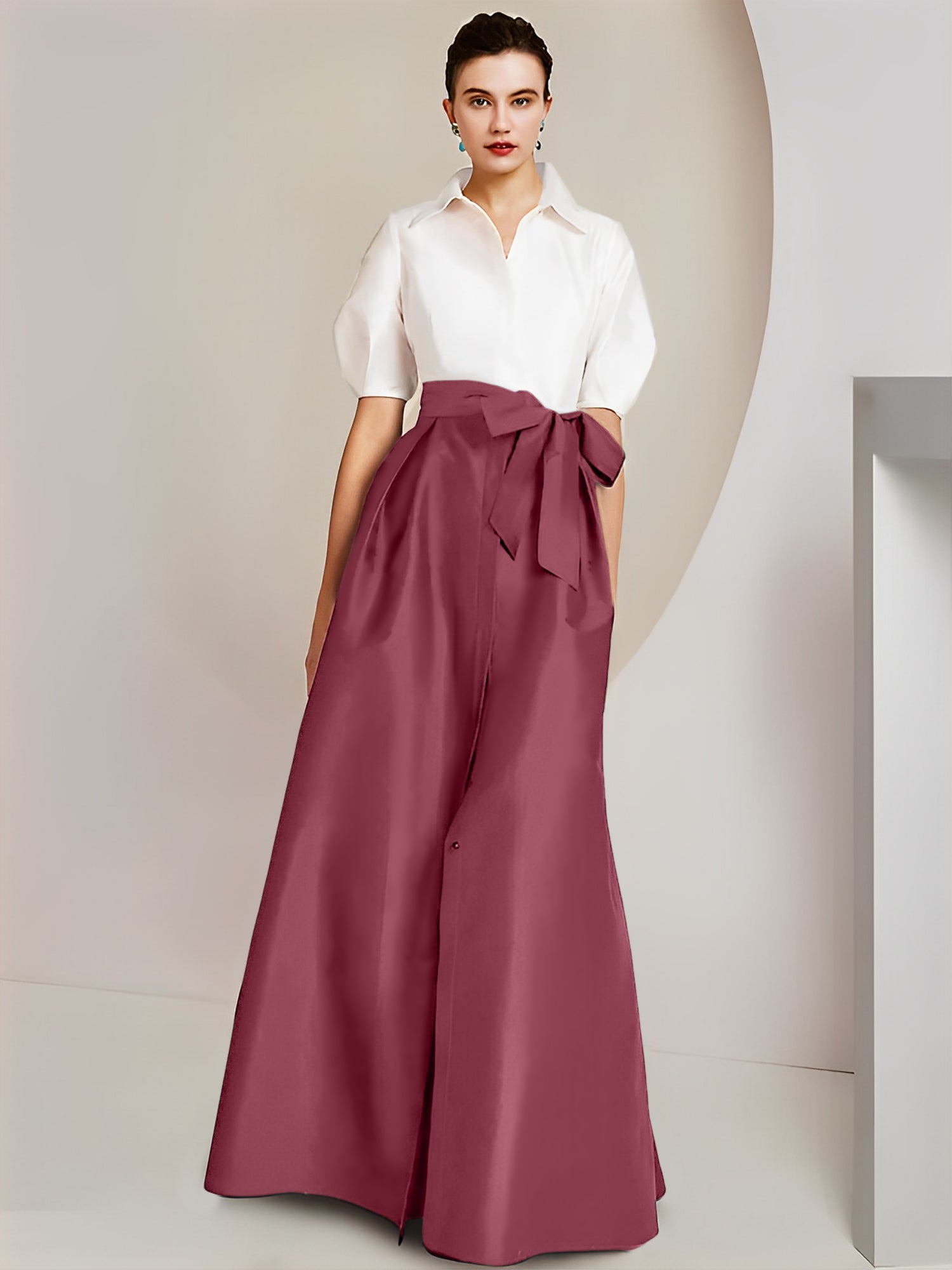 Princess/A-Line Floor-Length 2-Piece Mother of the Bride Dresses with Bowknot and Shirt Collar Short Sleeves-BMbridal