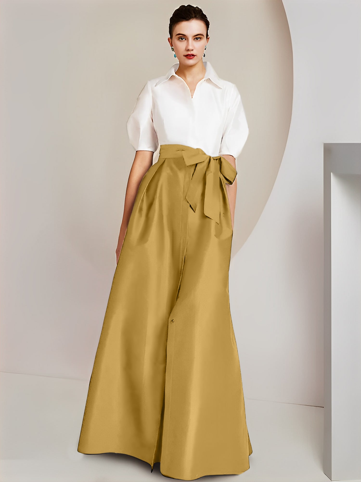 Princess/A-Line Floor-Length 2-Piece Mother of the Bride Dresses with Bowknot and Shirt Collar Short Sleeves-BMbridal