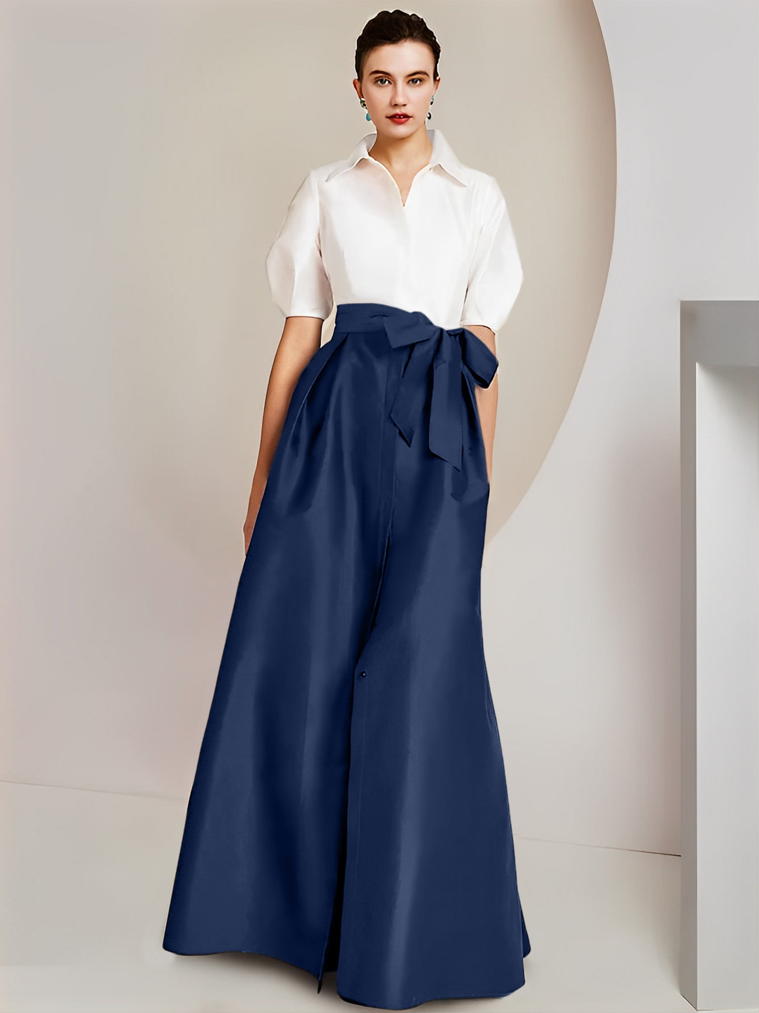 Princess/A-Line Floor-Length 2-Piece Mother of the Bride Dresses with Bowknot and Shirt Collar Short Sleeves-BMbridal