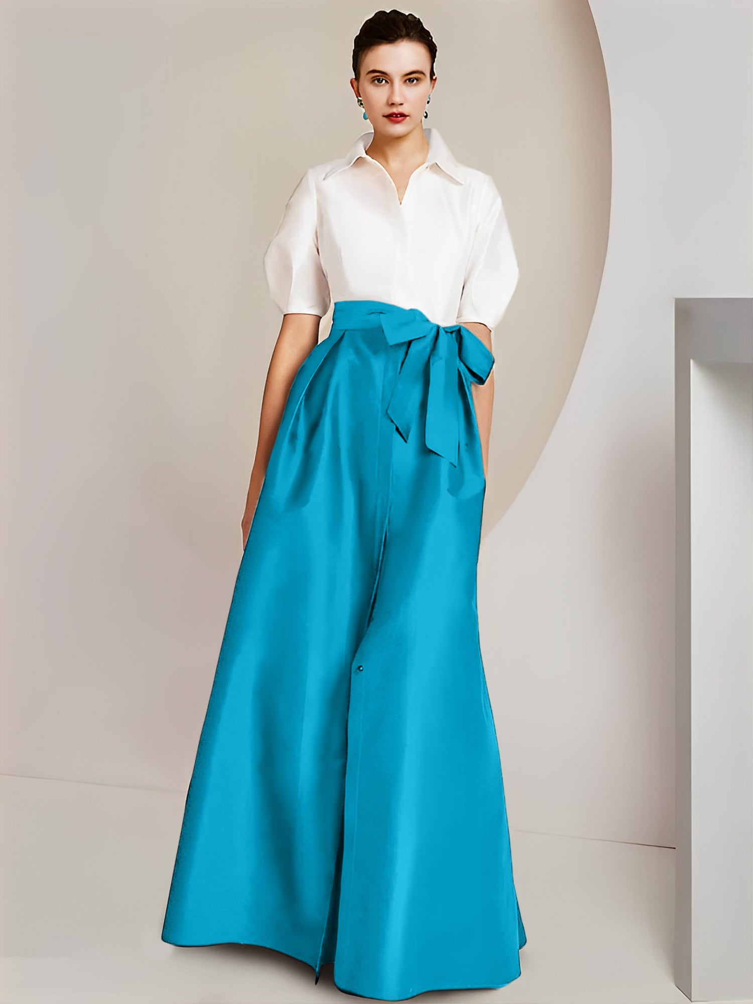 Princess/A-Line Floor-Length 2-Piece Mother of the Bride Dresses with Bowknot and Shirt Collar Short Sleeves-BMbridal