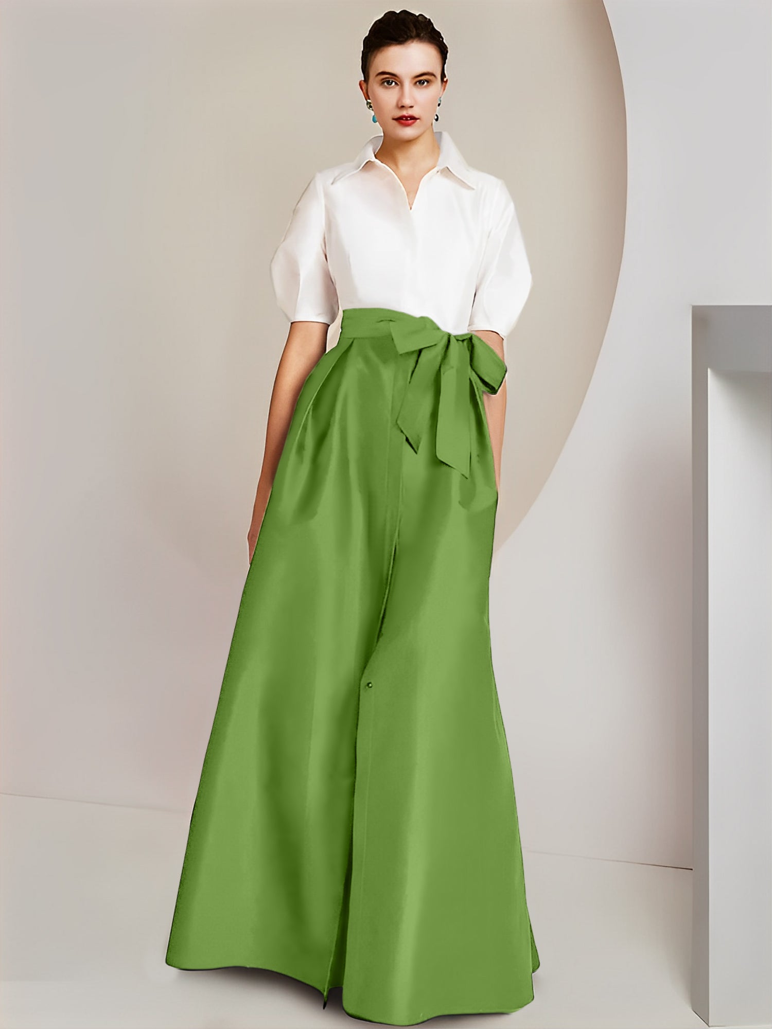 Princess/A-Line Floor-Length 2-Piece Mother of the Bride Dresses with Bowknot and Shirt Collar Short Sleeves-BMbridal