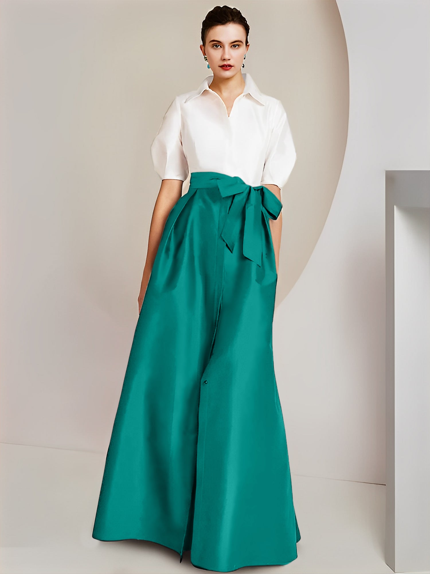 Princess/A-Line Floor-Length 2-Piece Mother of the Bride Dresses with Bowknot and Shirt Collar Short Sleeves-BMbridal