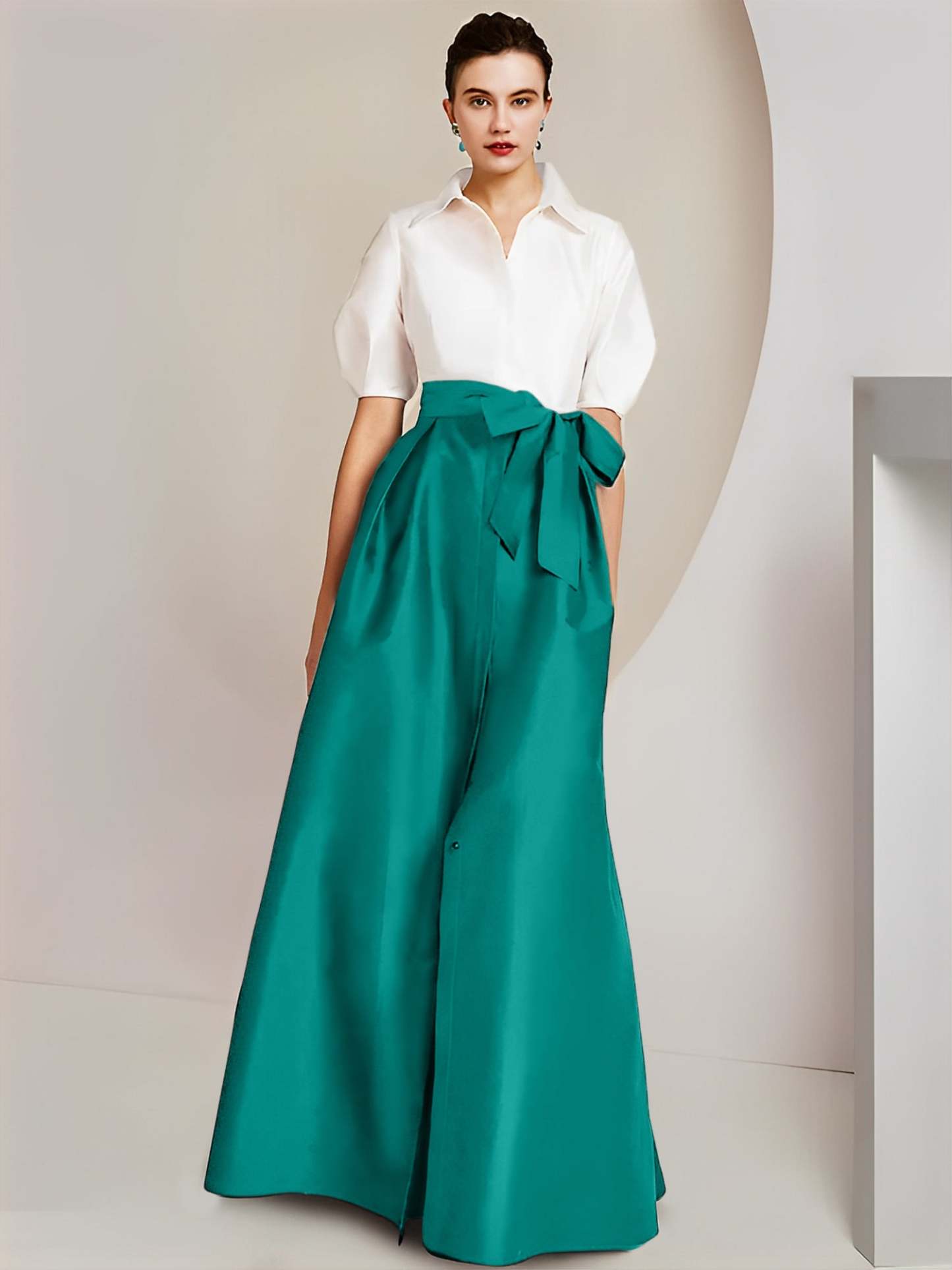 Princess/A-Line Floor-Length 2-Piece Mother of the Bride Dresses with Bowknot and Shirt Collar Short Sleeves-BMbridal
